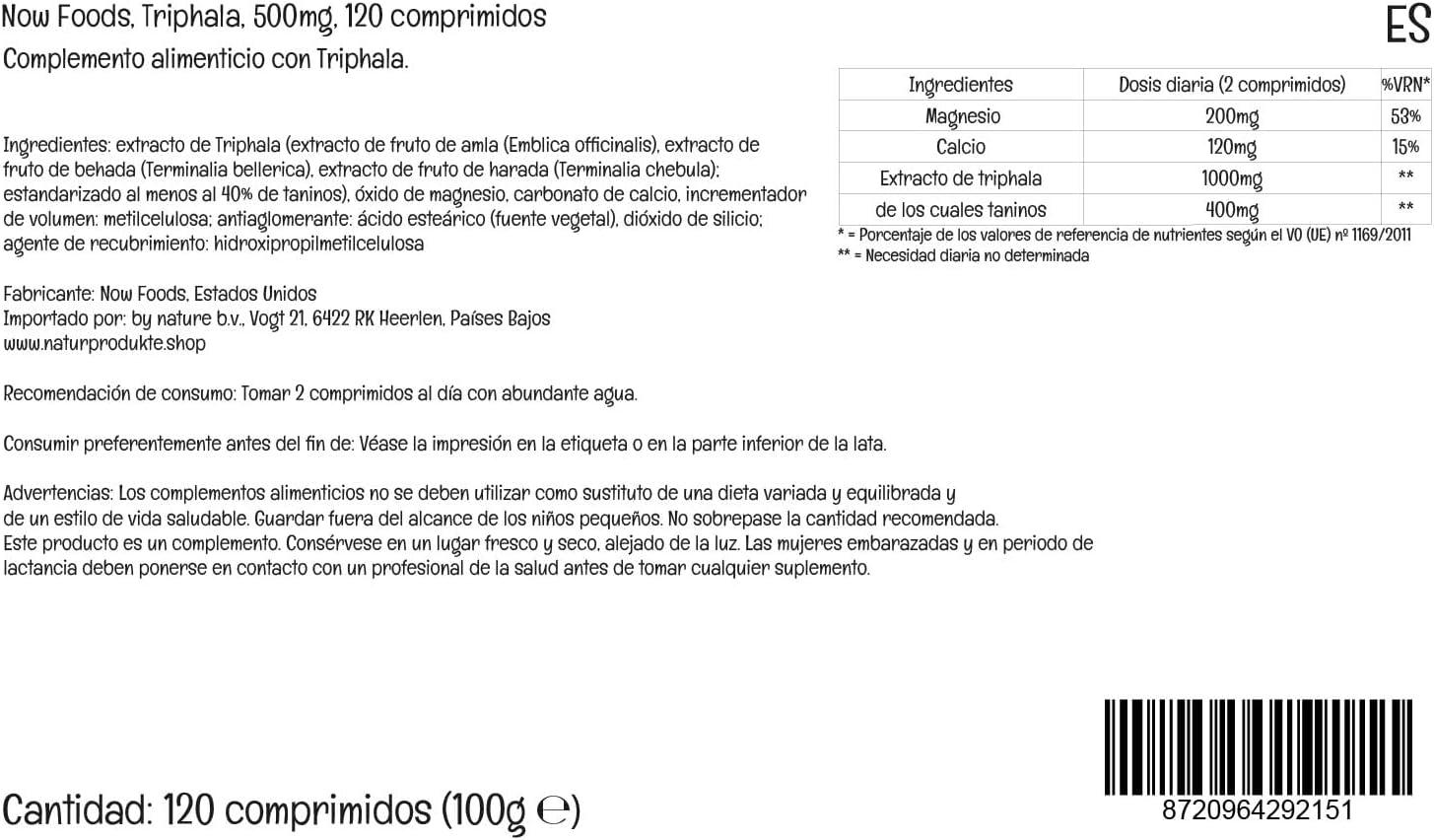 Now Foods Triphala 500mg with Magnesium and Calcium 120 Vegan Tablets