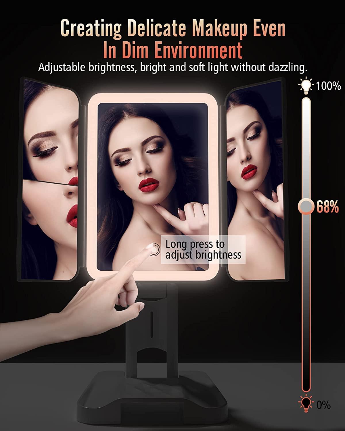 Makeup Mirror with Lights and Magnification, Trifold Lighted Makeup