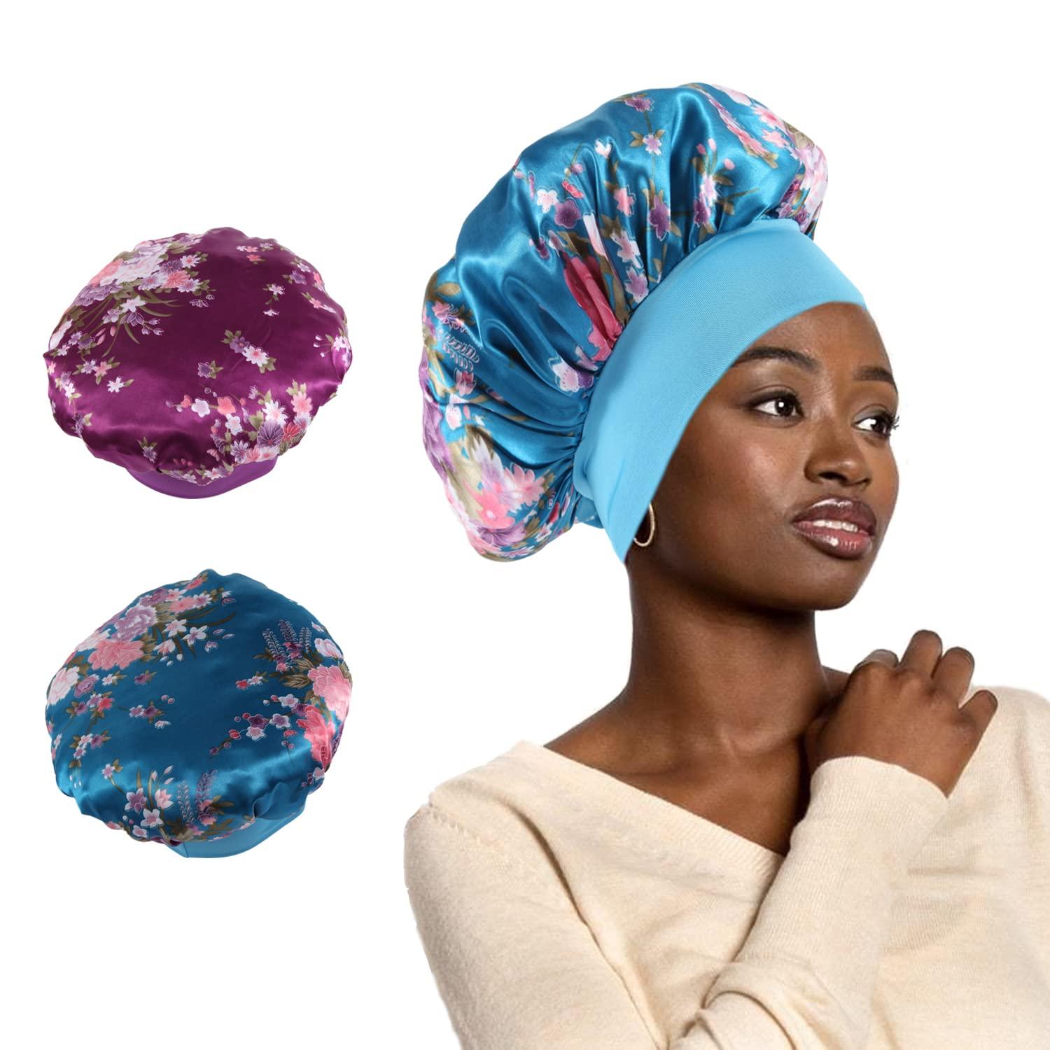 My Novel Things Sleep Bonnets 3-Pack - Purple/Blue Long Band Satin Hair Protection