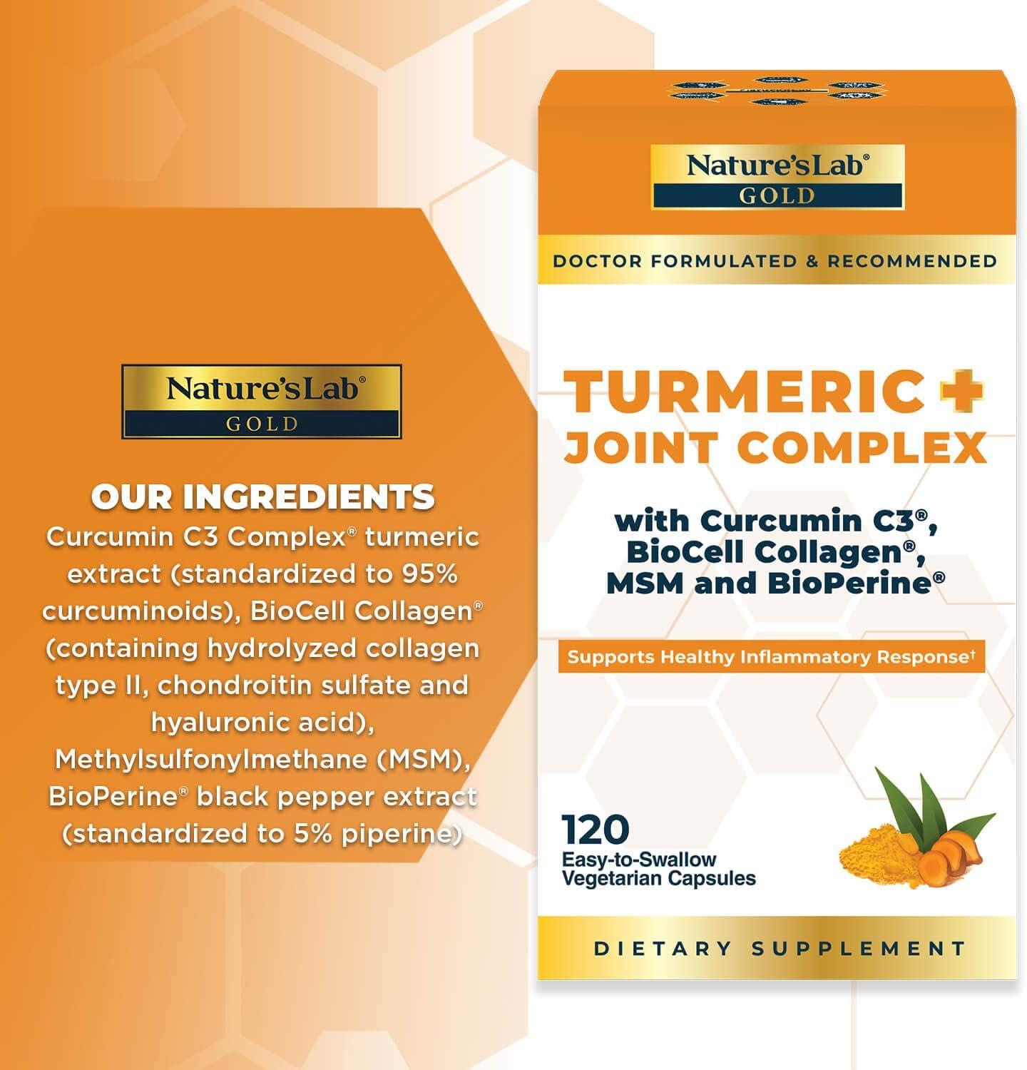 Nature's Lab Gold Turmeric Joint Complex BioCell Collagen Hyaluronic Acid C3 Curcumin MSM