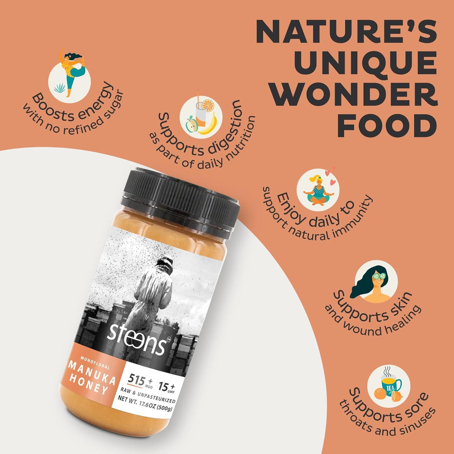 Steens Manuka Honey MGO 515+ UMF 15+ - 100% Certified Raw Manuka - 500g ...