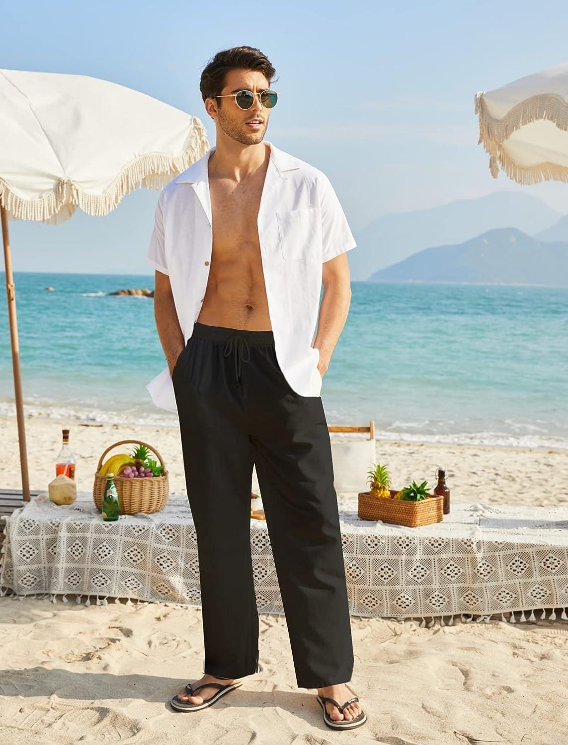 Men Pieces Cotton Linen Set/Henley Shirt Long Sleeve And-Casual Beach Pants  | eBay