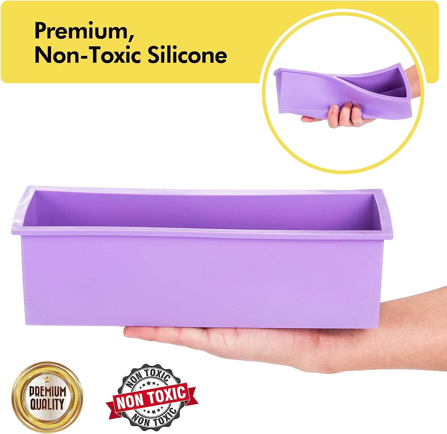 Soap Molds Making Kit with Wooden Cutter Measuring Box (44oz Purple Silicone)   for Adults, Melt and Pour or Cold Process, 100pc Bags, Stainless Steel  Wavy & Straight Slicer Soap Mold w/Cutter