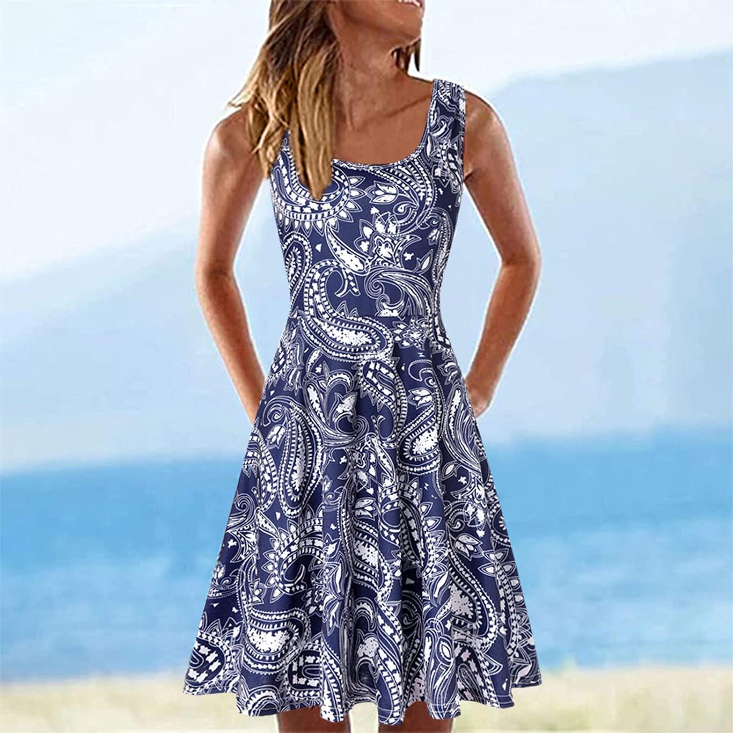 Haiorziyoudamen Sleeveless A-Line Dress for Women | Sexy Summer Mini Dress  | Casual Knee-Length Printed Skirt in Blue | Buy Now with Express  International Delivery