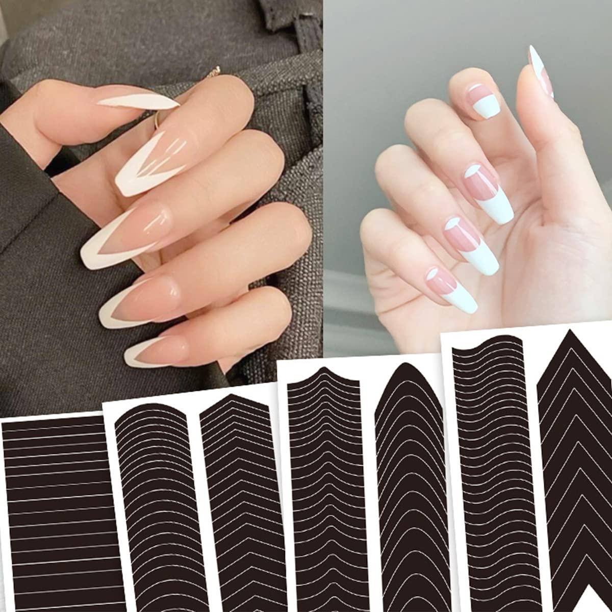 French Tip Nail Guides Nail Stickers French Manicure Strip Self-Adhesive  Nail Art Airbrush Stencils Strips with French V-Shaped Moon Design Wavy  Line DIY Nail Art Tips 6 Sheets Guides_french
