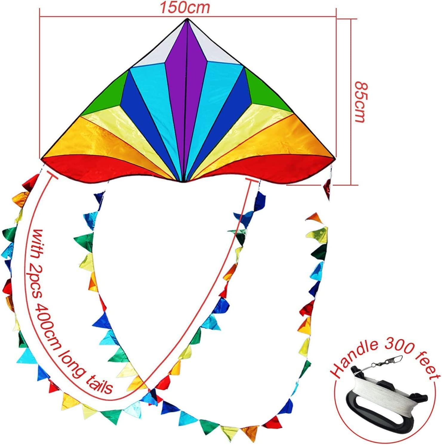 HONBO Large Delta Kite for Kids & Adults,Extremely Easy to Fly Kite for  Beach Trip,String Line Included,with Colorful Colors Tail ,Perfect for  Beginners