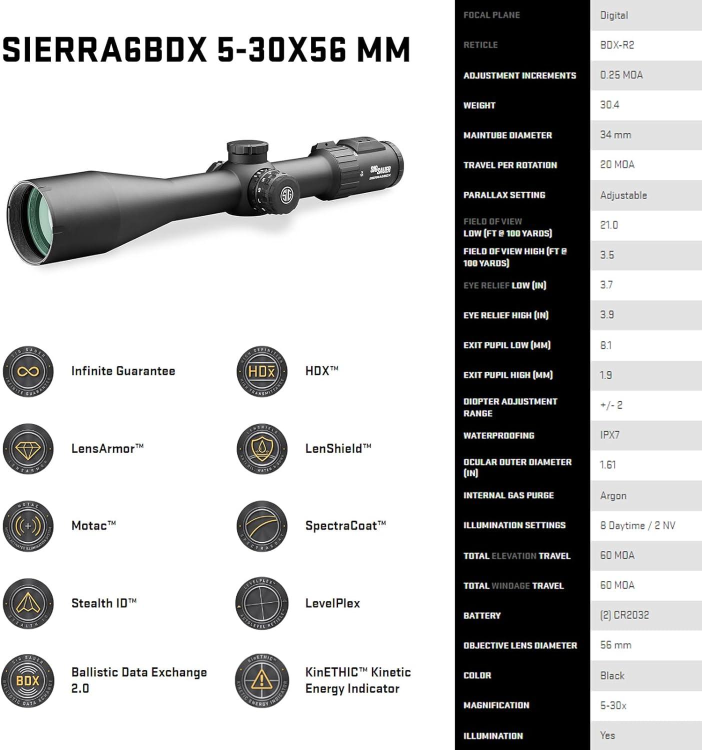 SIG SAUER SIERRA6BDX 530x56mm Hunting Riflescope with Integrated BDX