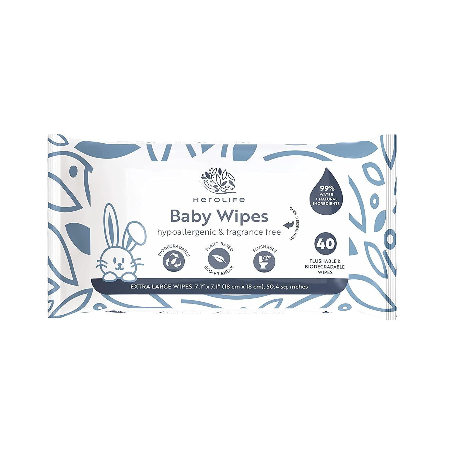 HEROLIFE Large Flushable Baby Wipes PlantBased, Biodegradable