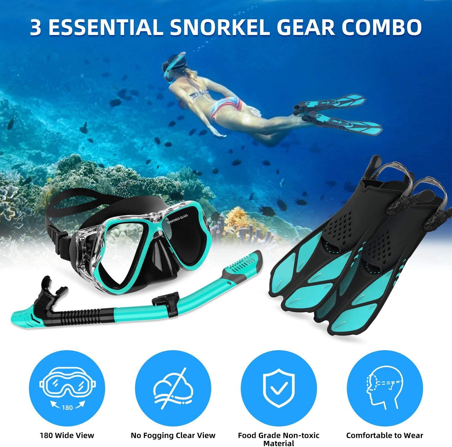 Zenoplige Mask Fins Snorkel Set Adults Men Women Swim Goggles 180 Panoramic  View Anti-Fog Anti-Leak Dry Top Snorkel and Dive Flippers Kit with Gear Bag  for Snorkeling Swimming Scuba Diving Training Green