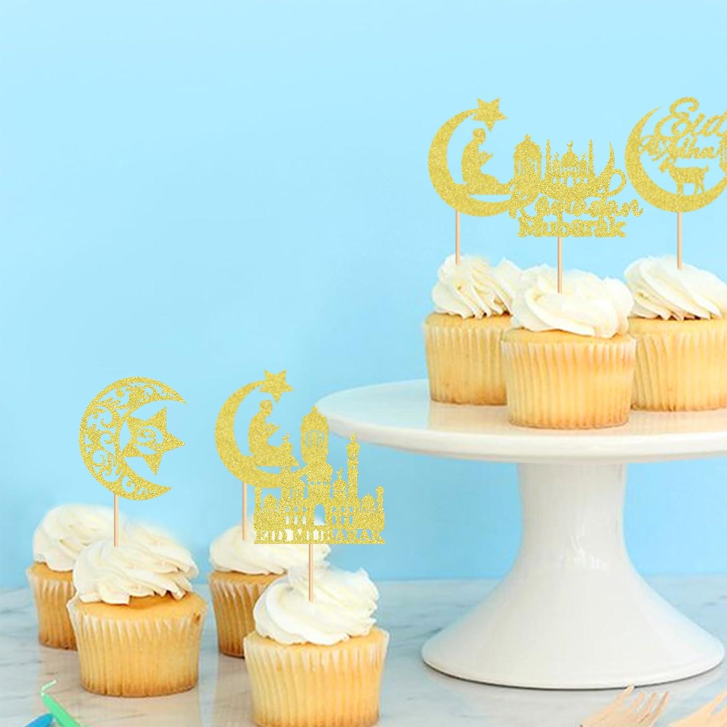 Nouvelle décoration de gâteau Eid Mubarak or argent paillettes papier gâteau Top