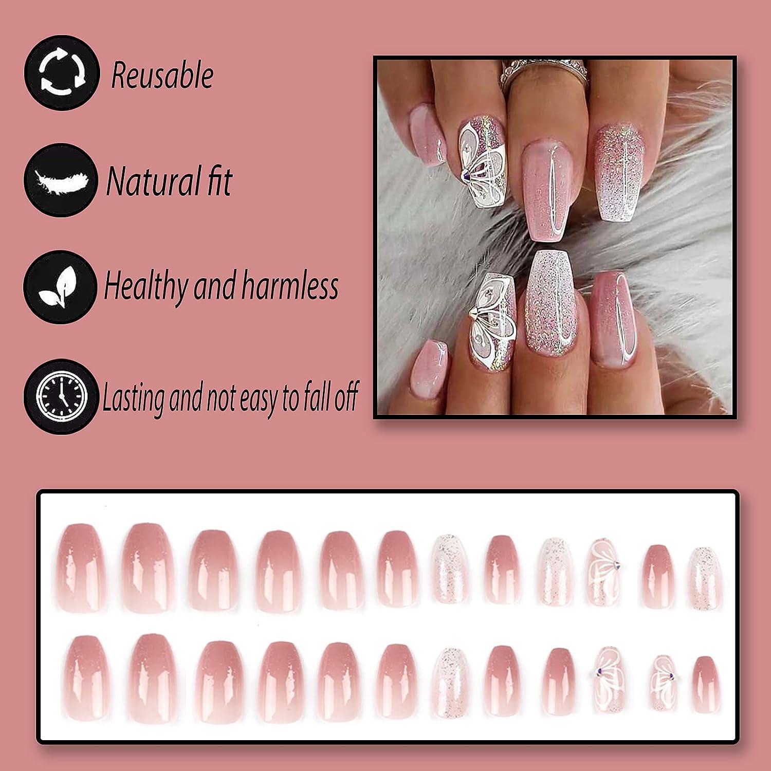  Coffin Press on Nails Medium Length Fake Nails Glitter Pink  Gradient False Nails Design Glossy Full Cover Artificial Acrylic Nails  Reusable Stick on Nails Natural Fit Glue on Nail for Women