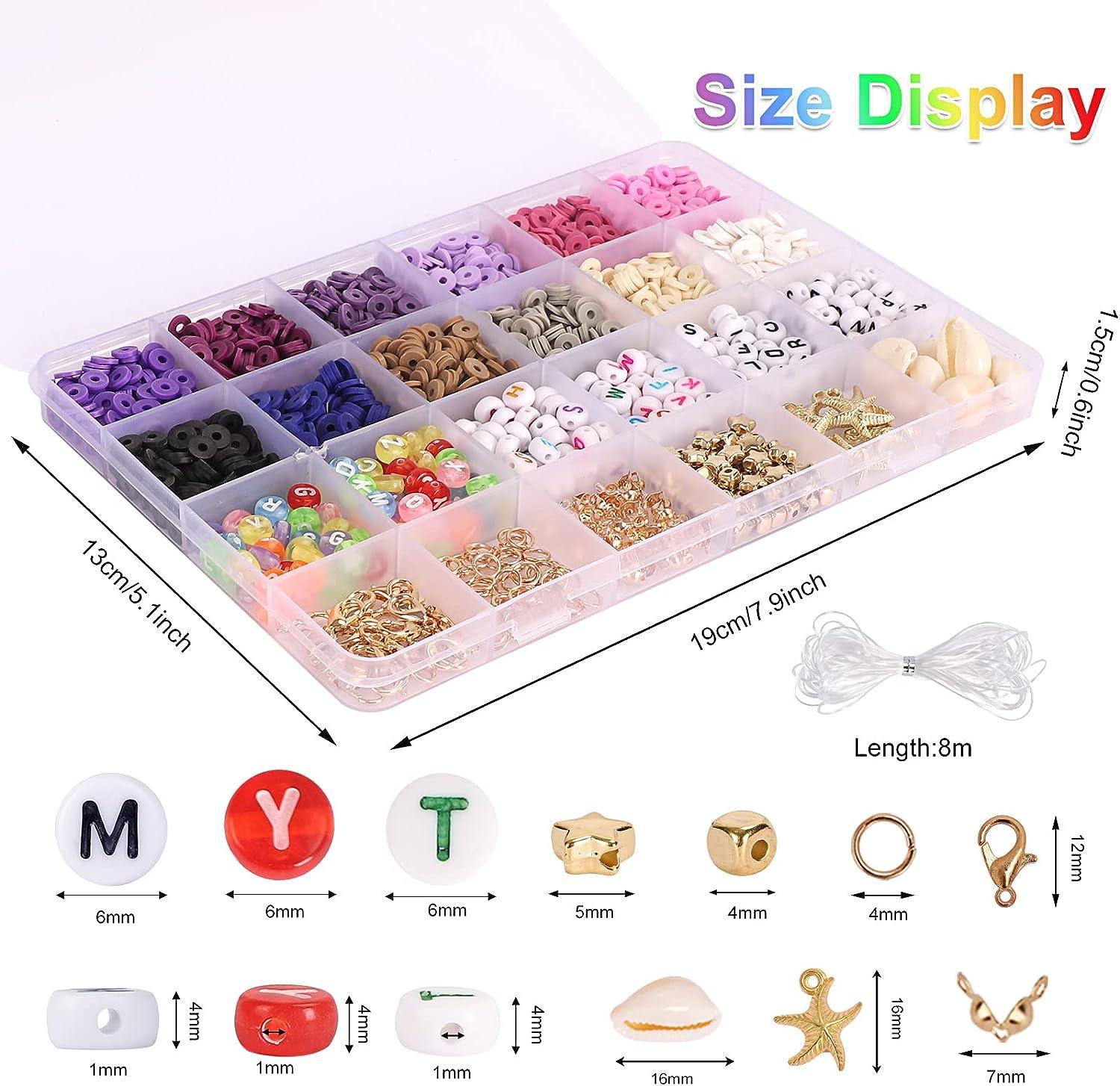 QUEFE 14420pcs Beads for Bracelet Making Kit, 56 Colors Spacer Heishi Beads  Flat Round Polymer Clay Beads with Pendant Charms Kits and Elastic Strings