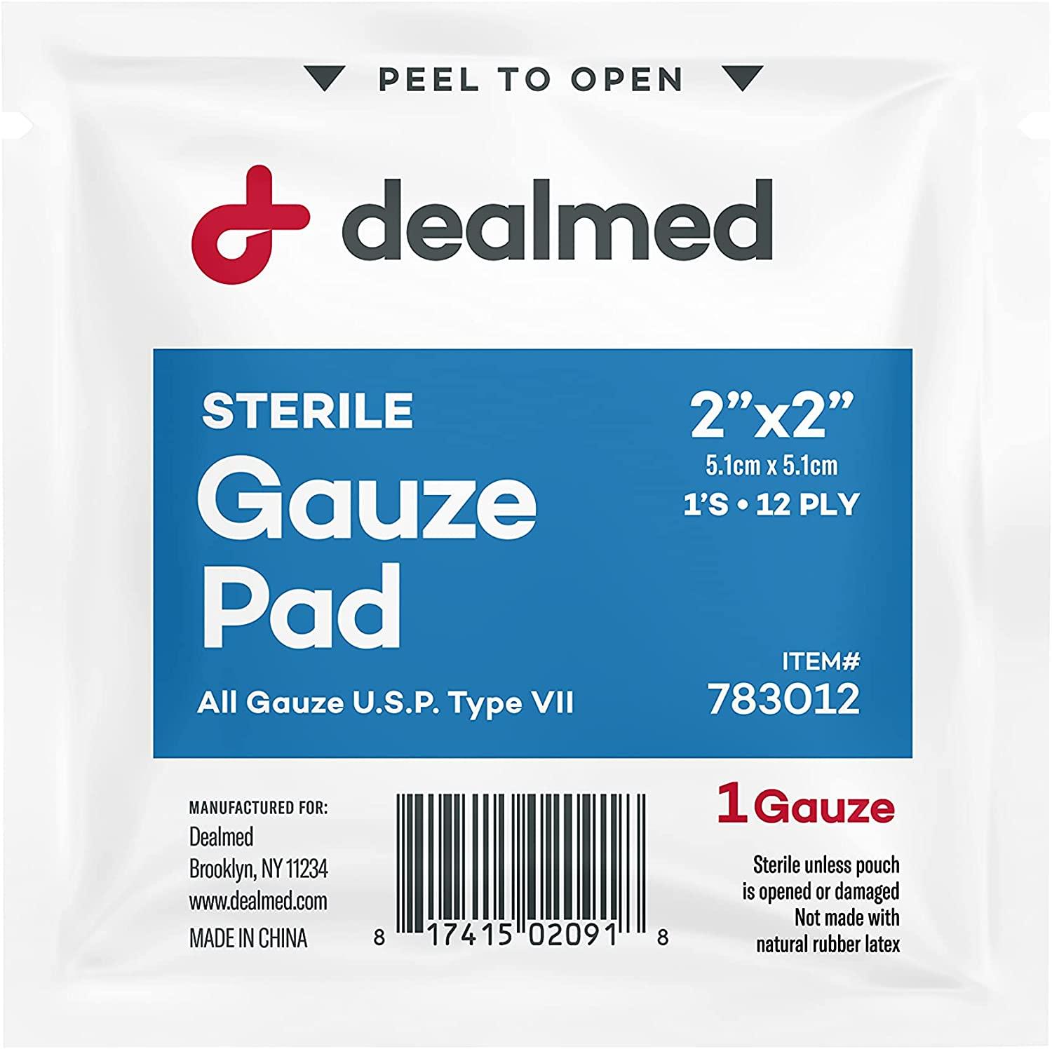 Dealmed Sterile Gauze Pads 2x2 inch, 100 Count Disposable & Individually Wrapped First Aid