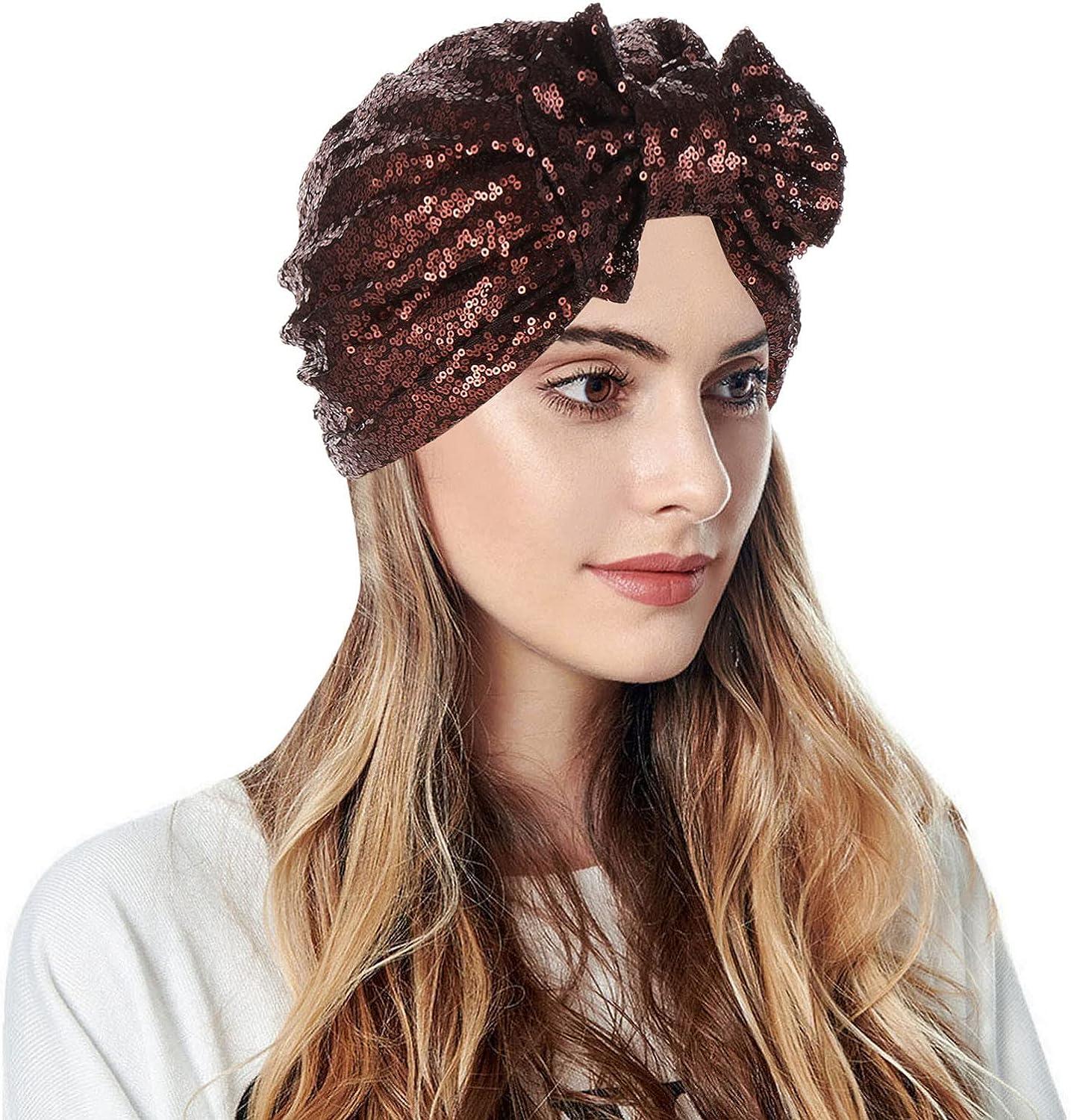Beach Hats for Women Muslim Turban Hat Bow Sequins Hair Bonnet