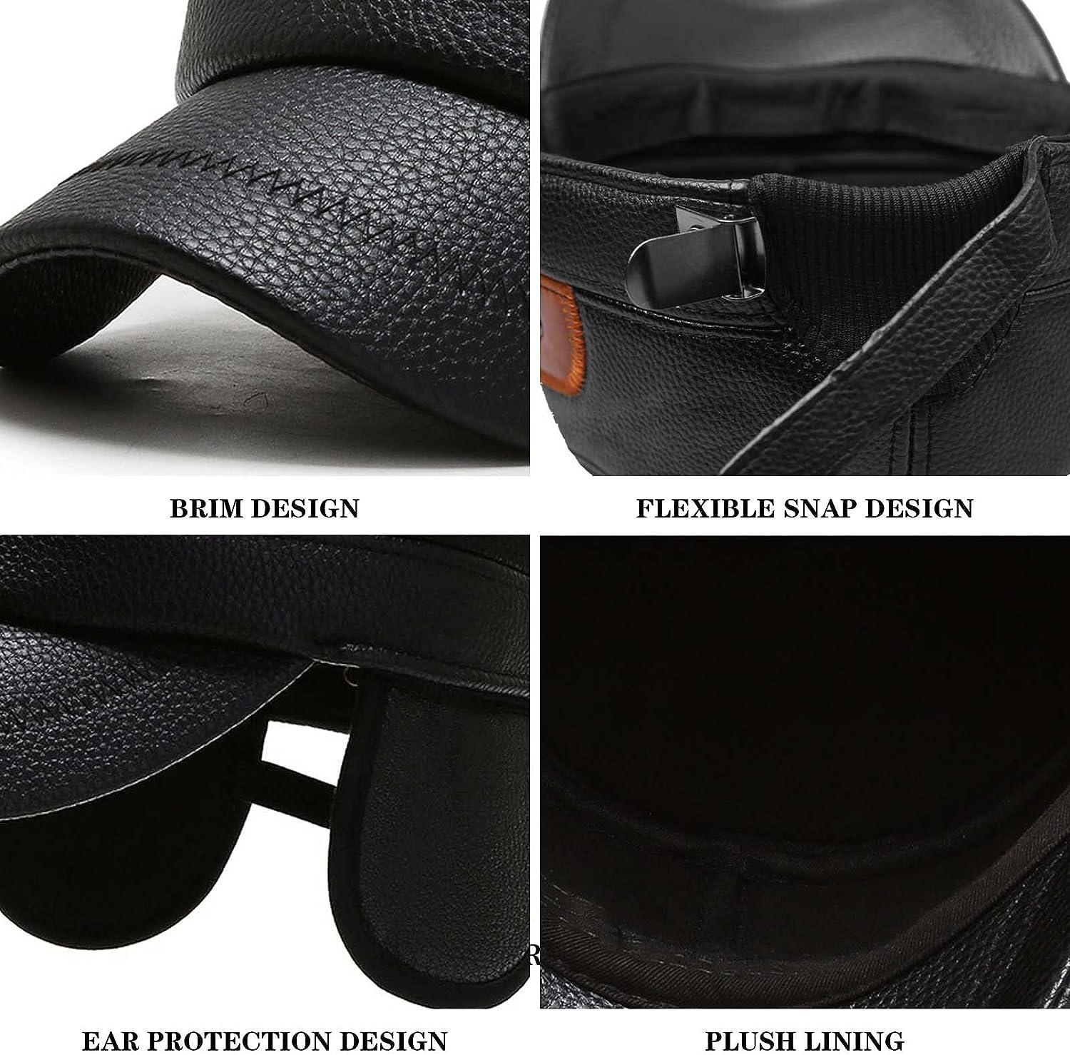 Men's Winter Leather Peaked Cap with Earflap Adjustable Military