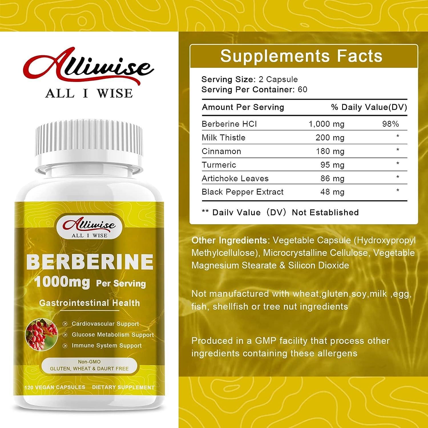 Organic Alliwise Berberine Supplement 1000mg with Cinnamon, Milk