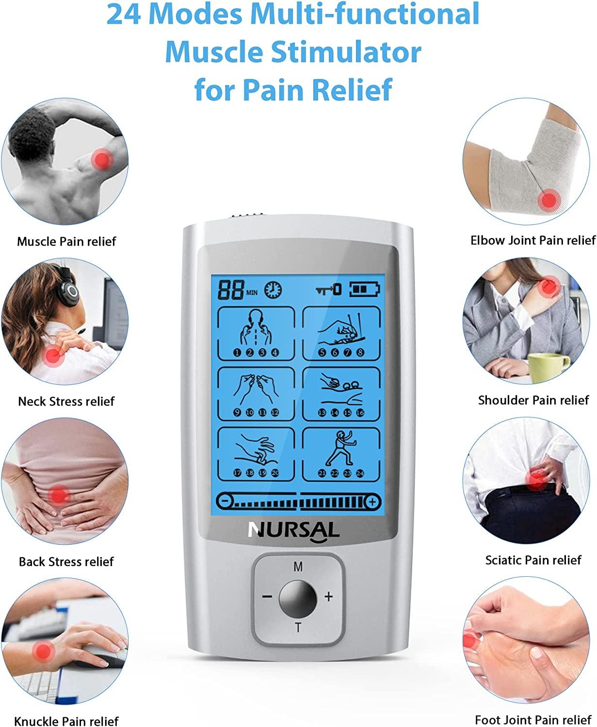  NURSAL TENS EMS Unit Muscle Stimulator for Pain Relief Therapy,  Electric 24 Modes Dual Channel TENS Machine Pulse Massager with 12 Pcs  Electrode Pads/Continuous Stable Mode/Memory Function : Health & Household