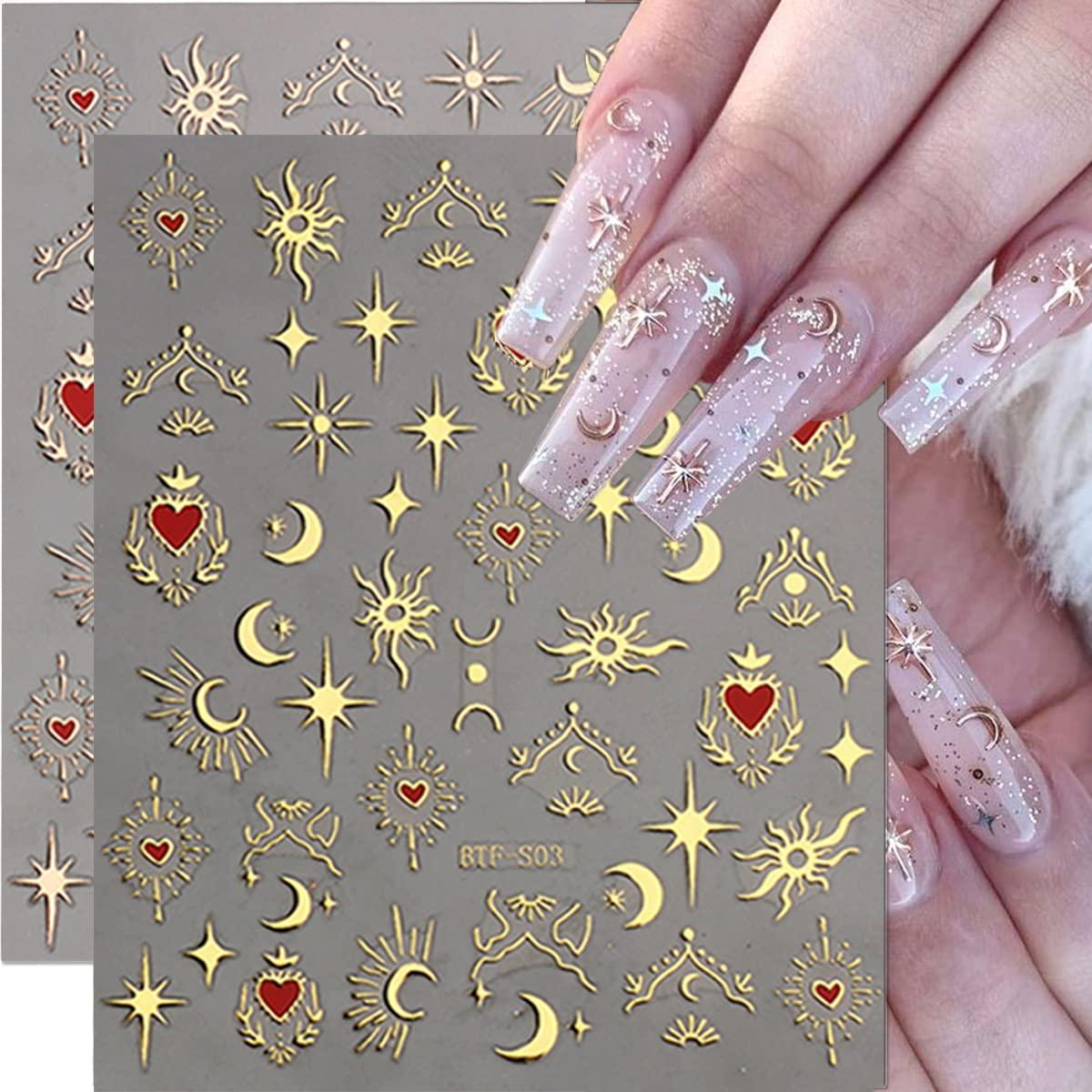 6 Sheets Sun Star Nail Art Stickers Bronzing Moon Decals DIY 3D Self