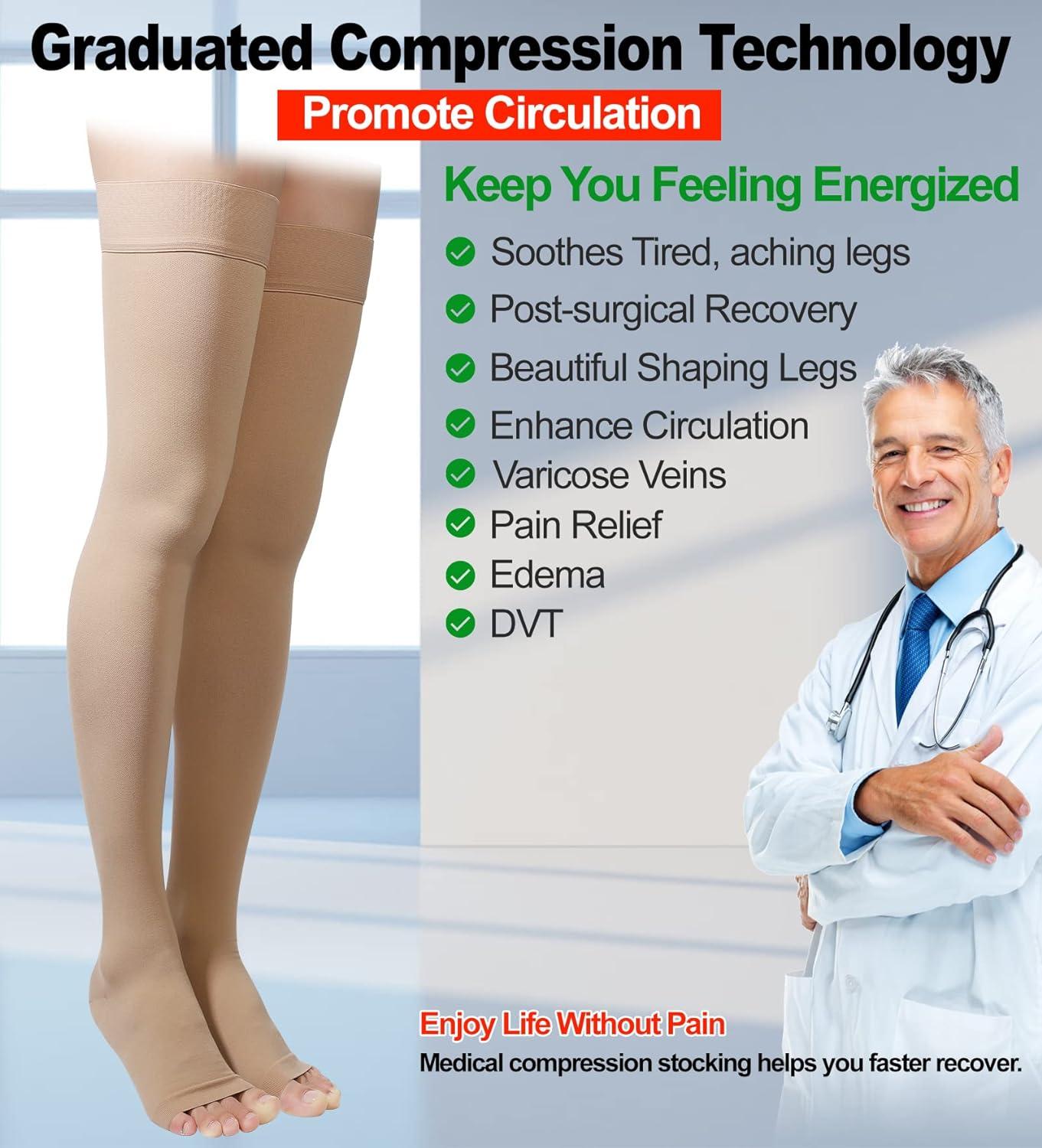 Thigh High Compression Stockings Open Toe Pair Firm Support 20-30mmHg  Gradient Compression Socks with Silicone Band Unisex Opaque Best for Spider  & Varicose Veins Edema Swelling Beige XL XL Beige
