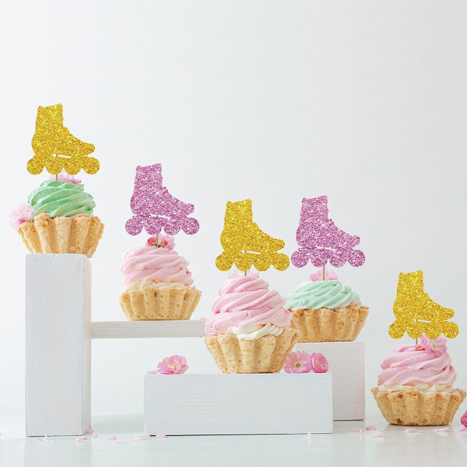 24 Stück Rollschuh-Cupcake-Topper – Gold Glitzer Deko Für Retro-Partys | 80er/90er Motto