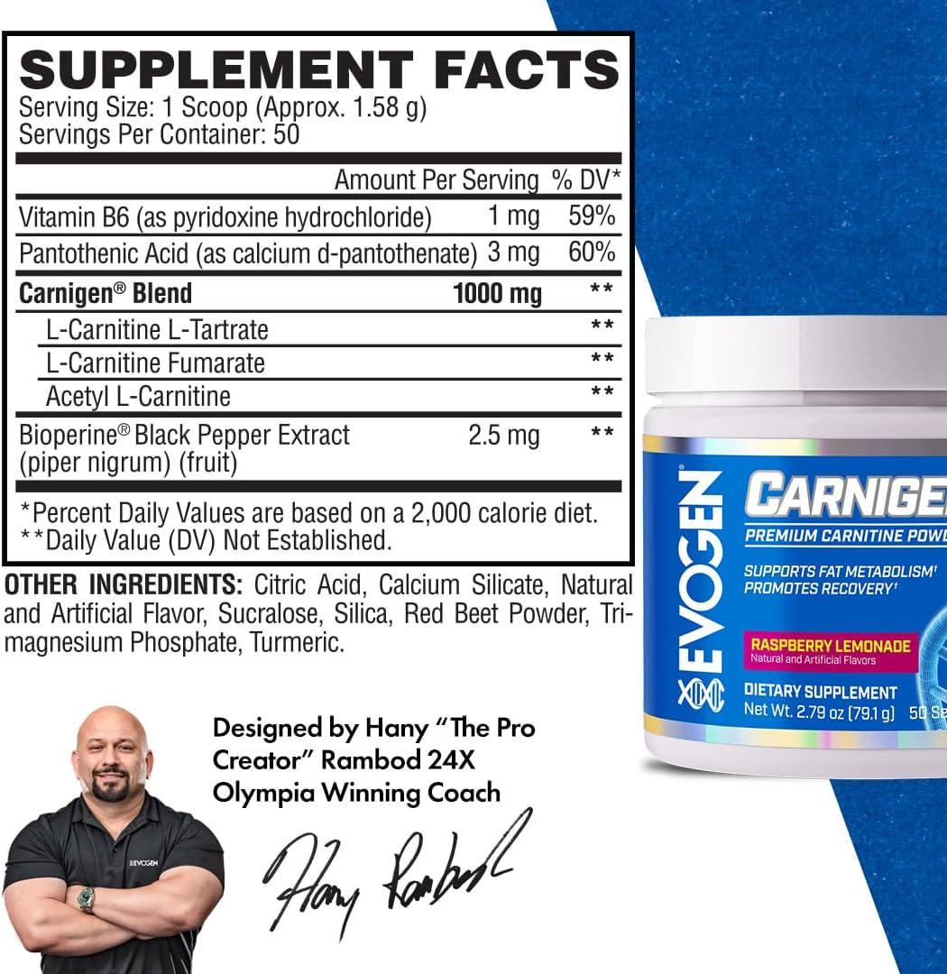 Evogen Carnigen Fat Burning Powder with Carnitine Tartrate, Acetyl-l- carnitine, Orotate, Fumarate, and Bioperine - 50 Servings, Raspberry  Lemonade Flavor | Buy Now with Express International Delivery