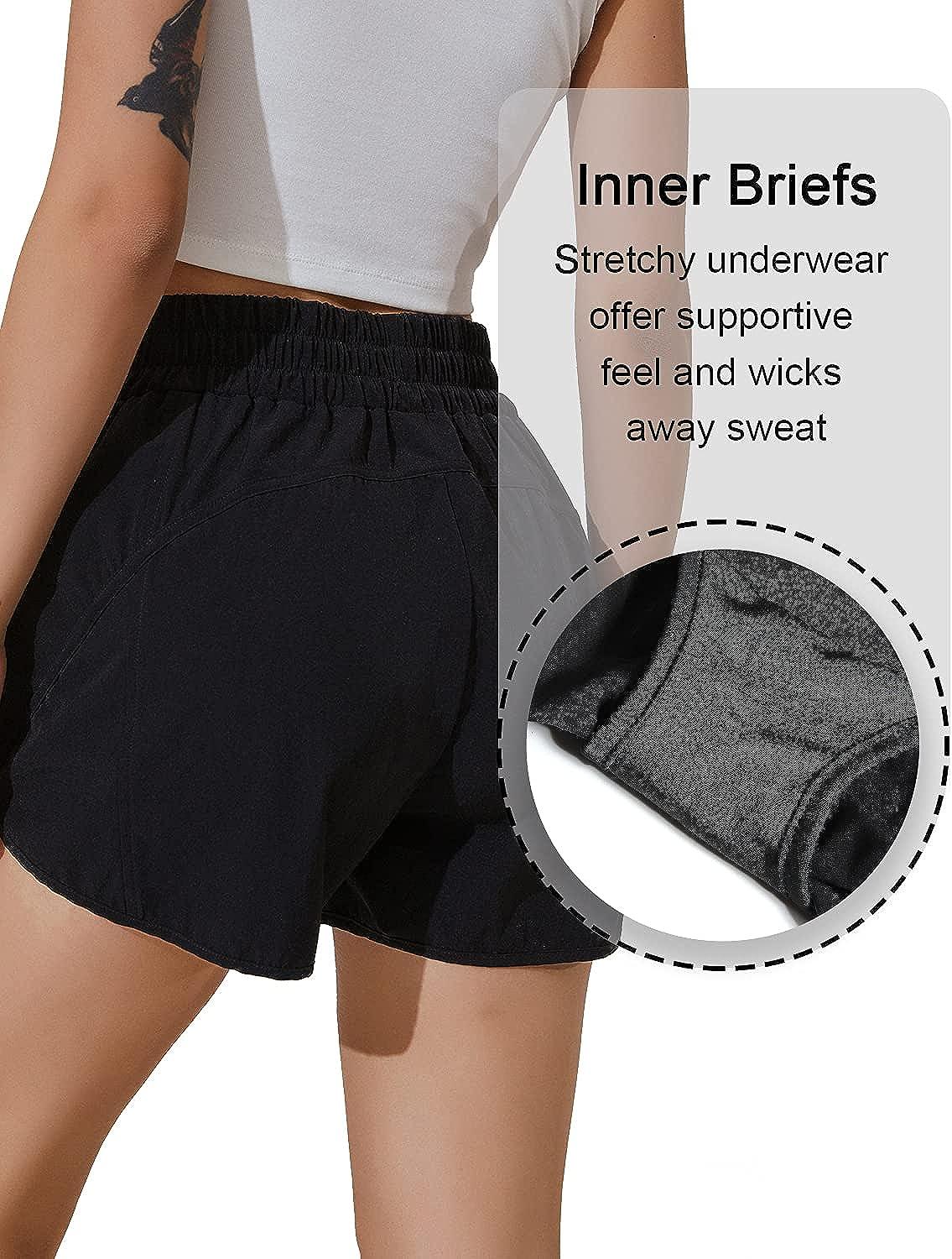 BMJL Women's Running Shorts Elastic High Waisted Shorts Pocket Sporty  Workout Shorts Quick Dry Athletic Shorts Pants Medium Black