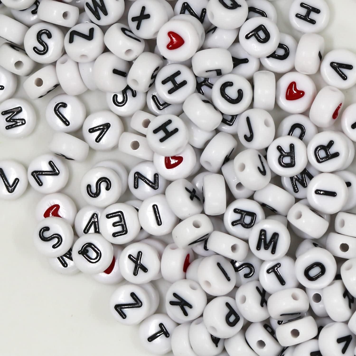 WangLaap 1450Pcs Letter Beads, Acrylic 4x7mm Round Letter Beads Kits,  Alphabet Beads A-Z and Red Heart Black Star Beads for Bracelets Necklaces  DIY Jewelry Making (White)