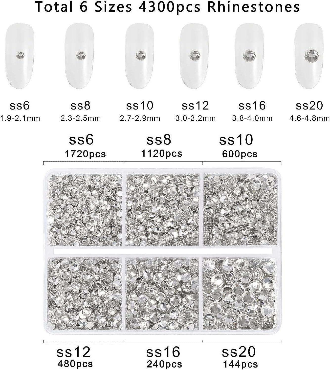 Beadsland 4300pcs Flatback Rhinestones,Clear Rhinestones Nail Gems Round  Crystal Rhinestones for Crafts,Mixed 6 Sizes with Picking Tweezers and Wax  Pencil Kit, SS6-SS20,Crystal