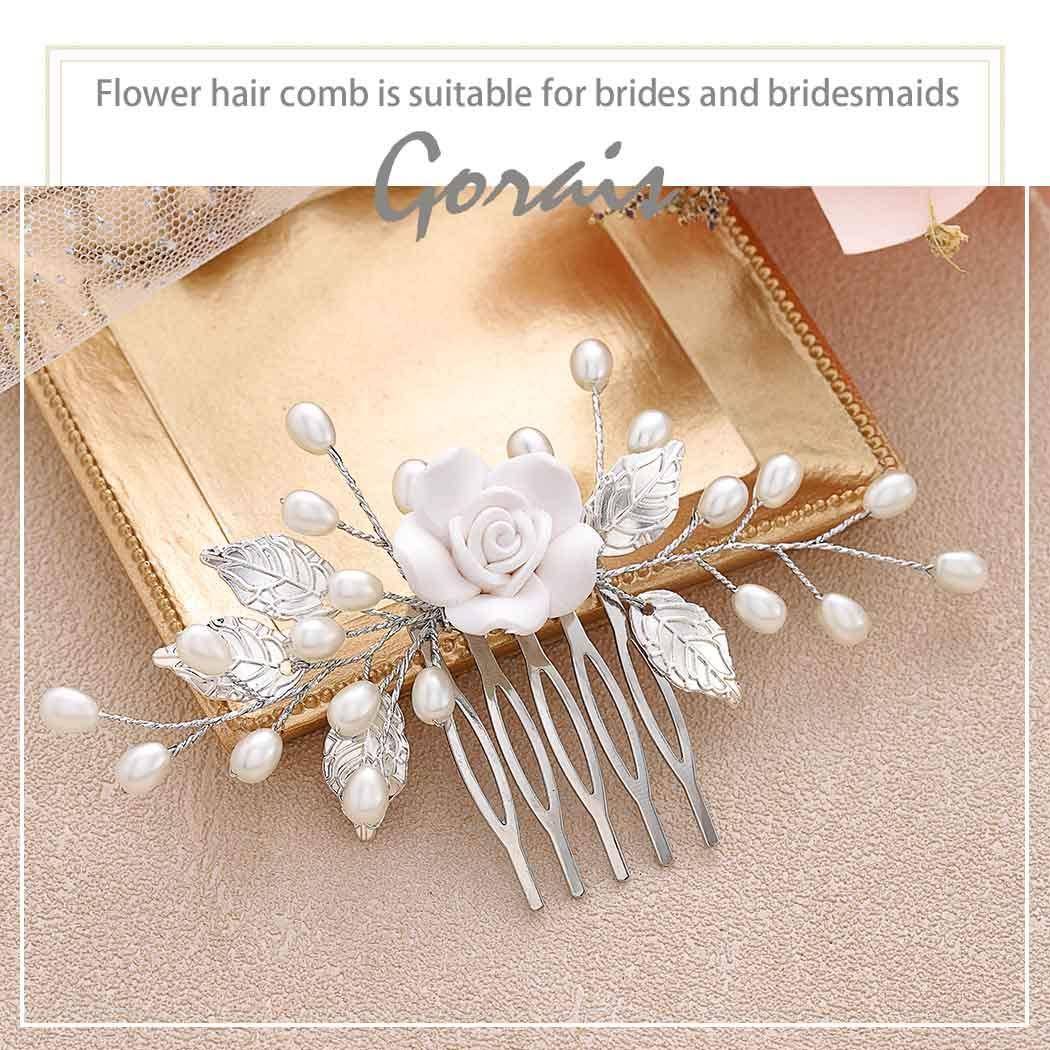 Gorais Flower Bride Wedding Hair Comb Pearl Bridal Hair Pieces Leaf Hair  Accessories for Women and Girls (A-Silver)