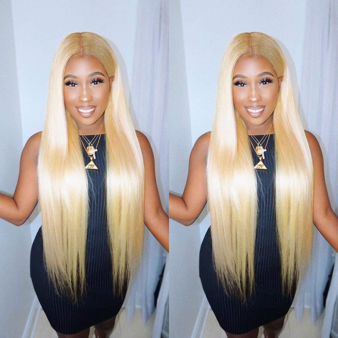 Allove 613 Blonde Lace Front Wig Human Hair Pre Plucked Bleached Hair Knots  16inch T Part Straight Lace Front Wigs with Baby Hair 130% Density 10a  Middle Part Brazilian Human Hair Wigs