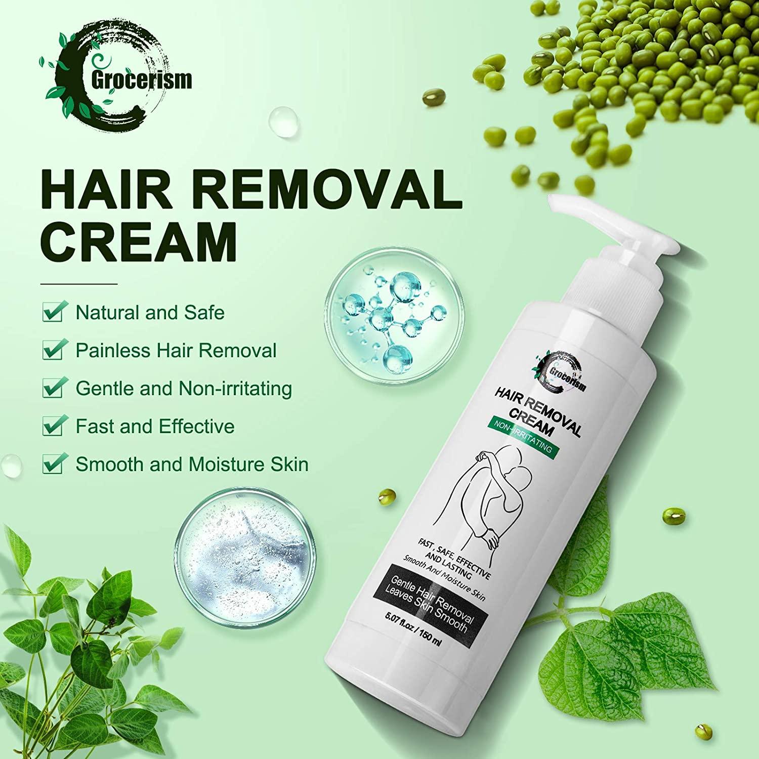 Hair Removal Cream, Painless Natural Depilatory Cream for Men and Women,  Non-Irritating for Sensitive Skin. For Bikini and Intimate Area, Genitals,  Arms, Legs, Underarms, Chest,  fl oz