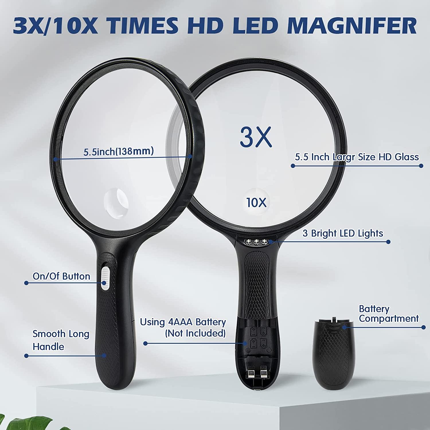 Magnifying Glass with Light, 5.5 Inch Large Magnifier 3X 10X Handheld  Illuminated Lighted Magnifier with 3 LED Lights Storage Bag Clean Cloth for  Seniors Reading Inspection Coins Exploring