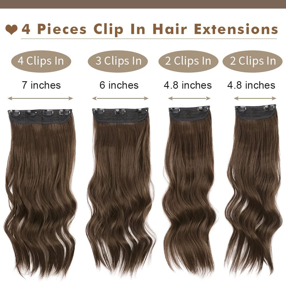 Deethens 4PCS Clip in Beach Wavy Hair Extensions 20 Inches Long Synthetic  Hairpieces Bouncy Curly Hair Extensions for Women(Moss Brown) 20 Inch Moss  Brown