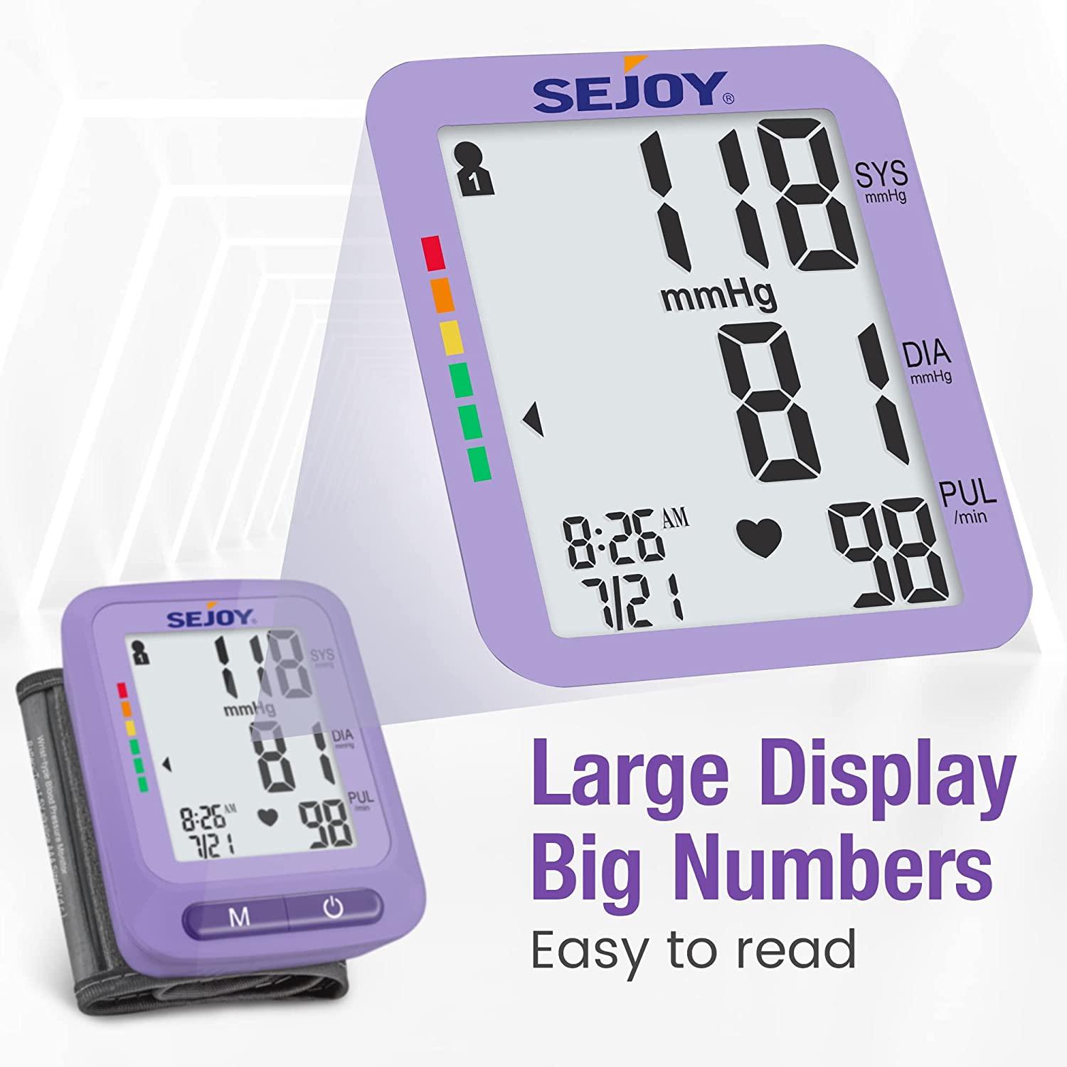 Sejoy Wrist Blood Pressure Monitor, Automatic BP Machine Adjustable Cuff,  120 Memories, for Home Use, Purple