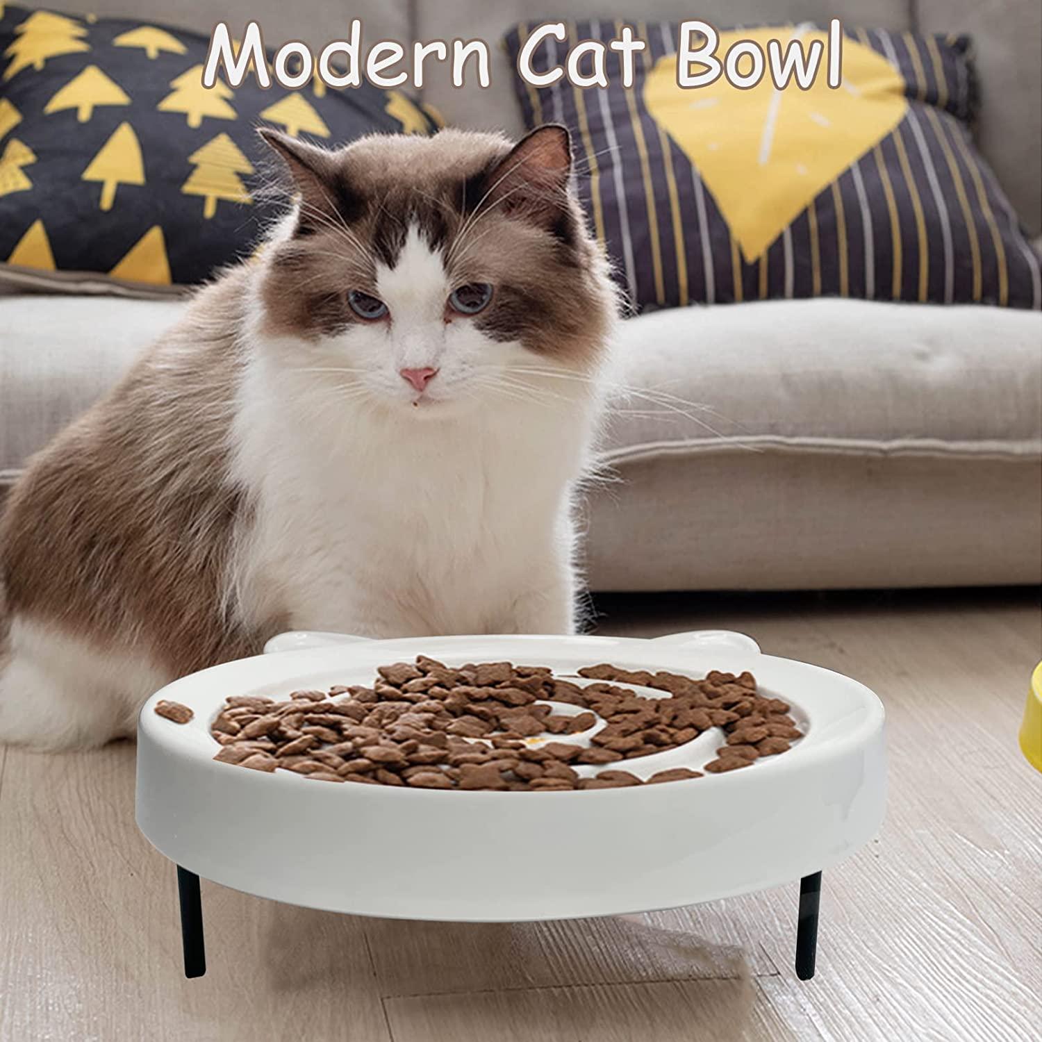 Elevated Cat Bowl Set, Cat Bowls Stand, Modern Cat Bowls for Water and Food,  Wooden Feeder for Pet, Stable Black Metal Base 