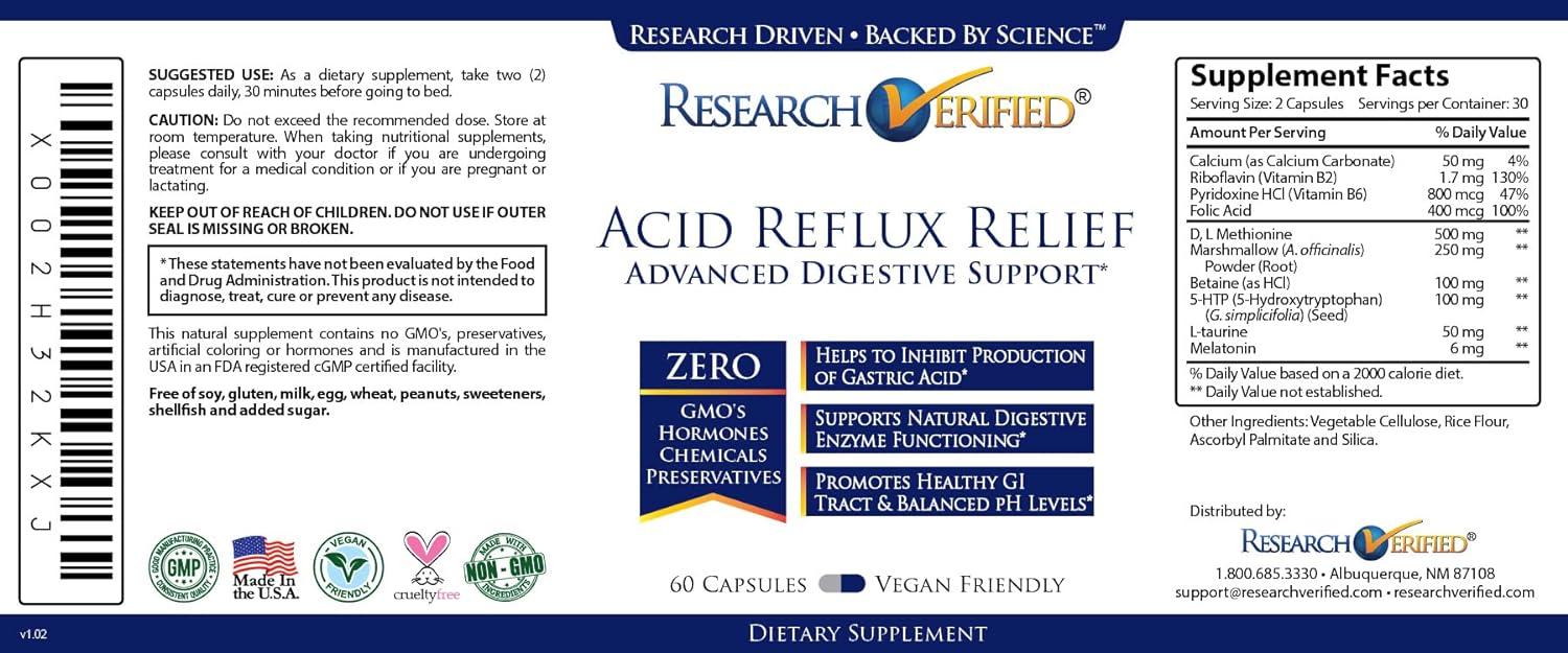 Research Verified Acid Reflux Relief 60 Capsules Vegan Formula with