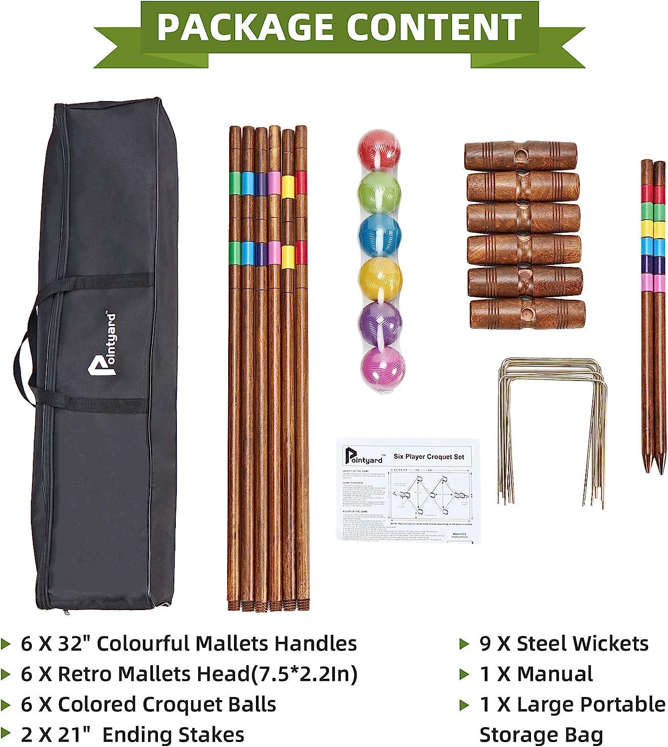 Pointyard 32 Six Player Croquet Set, Regulation Classic Vintage Croquet Set with Wooden Mallets