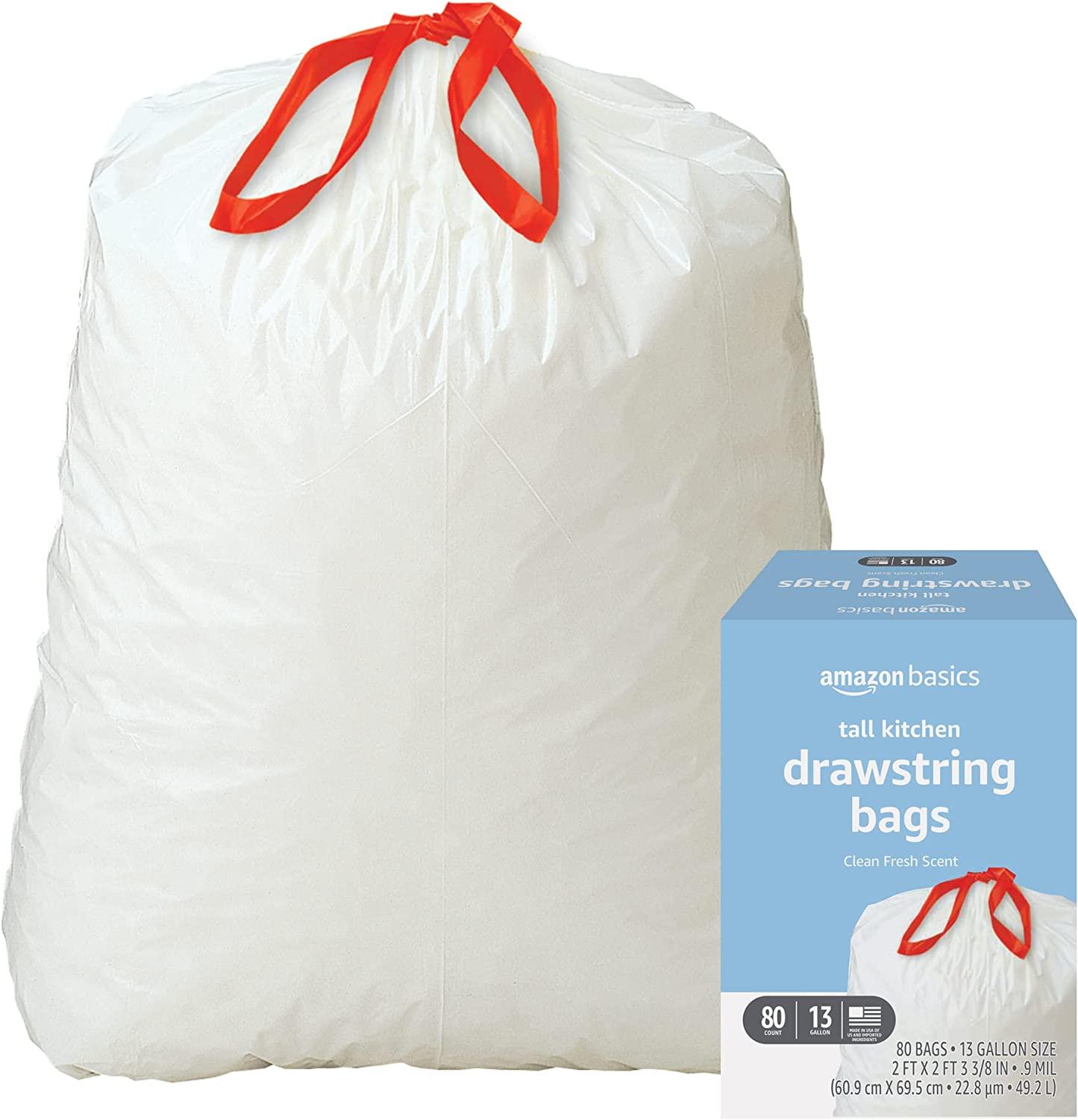 Amazon Basics Tall Kitchen Drawstring Trash Bags, Clean Fresh Scent, 13