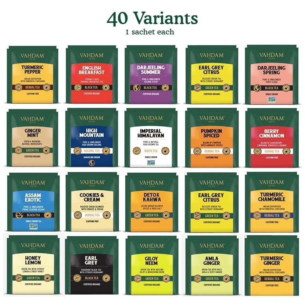VAHDAM Assorted Tea Bags Sampler 40 Flavors Variety Pack Herbal, Green, Chai, Black Tea