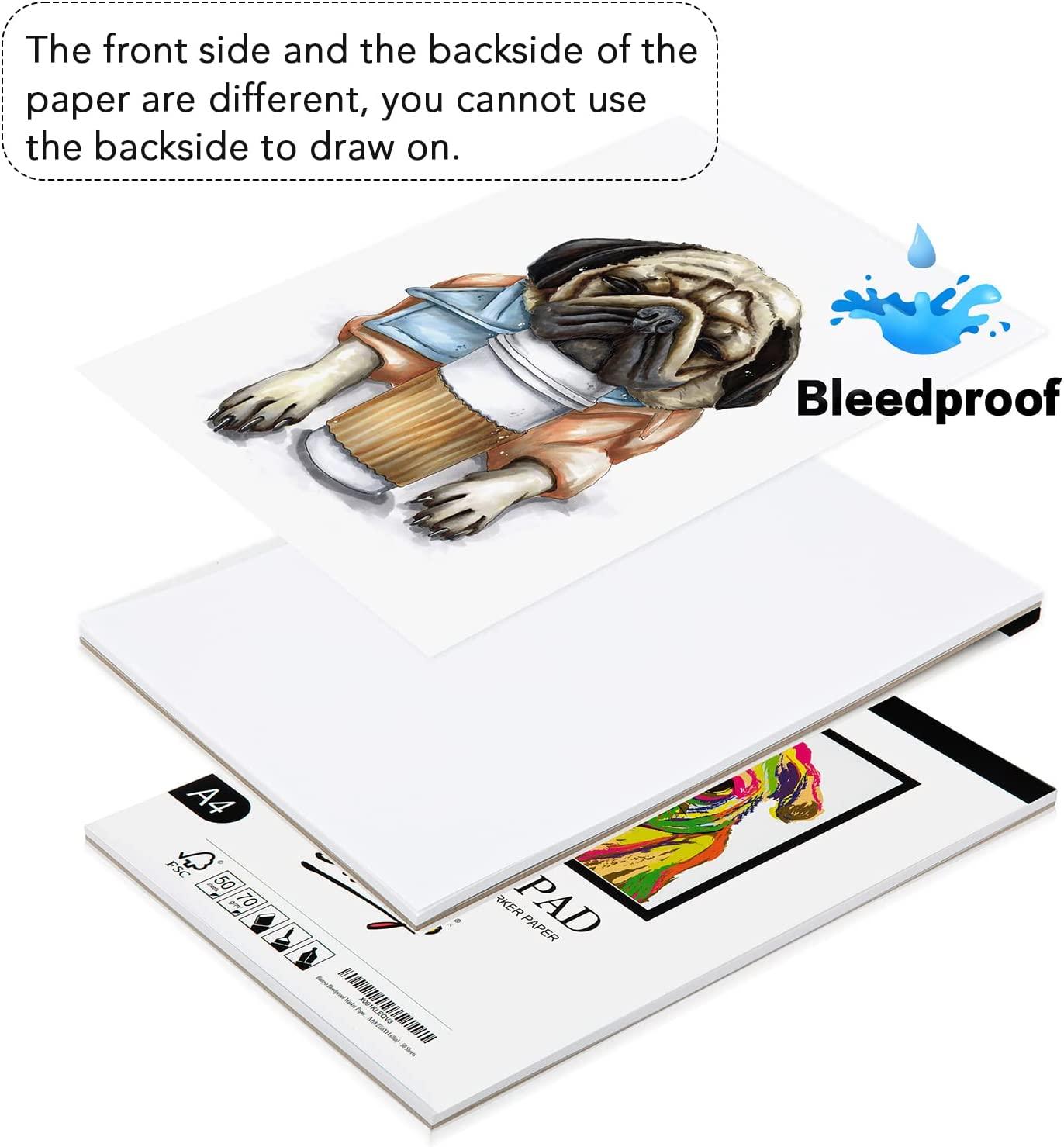 Bianyo Bleedproof Marker Paper Pad, A4(8.27X11.69), 50 Sheets, 18 LB / 70  GSM, Glue-Bound, 100% Cotton, White, Ideal for Use with Markers and Ink