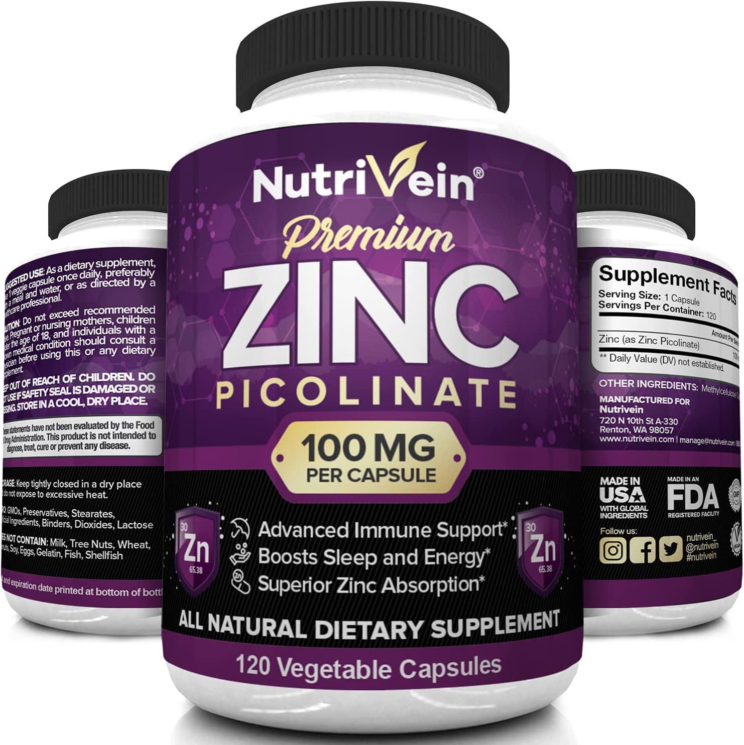 Nutrivein Premium Zinc Picolinate 100mg 120 Capsules Immunity Defense Boosts Immune System