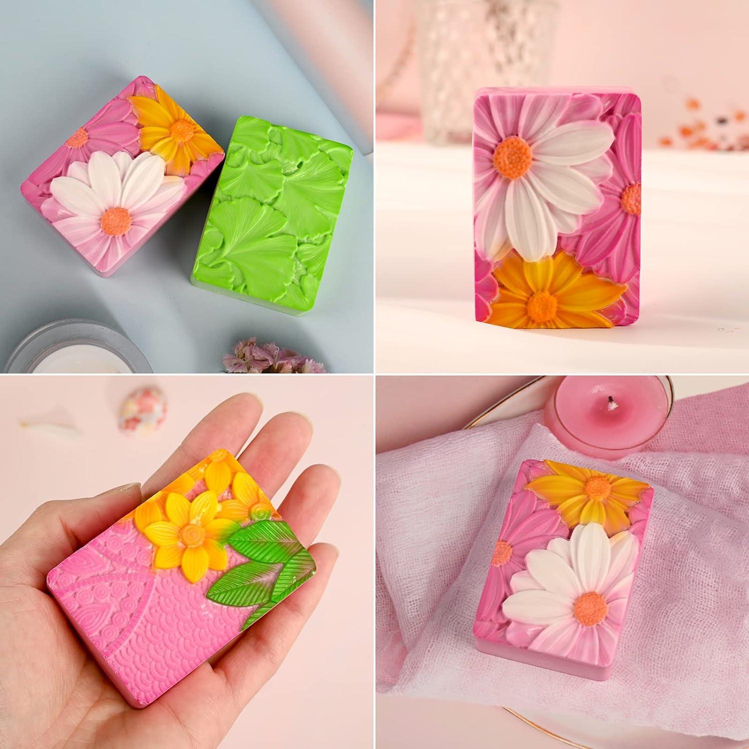 HUAKENER Silicone Soap Molds 2 Pack 4-Cavity Rectangle Soap Mold Flower  Soap Making Molds Flowers and Leaves