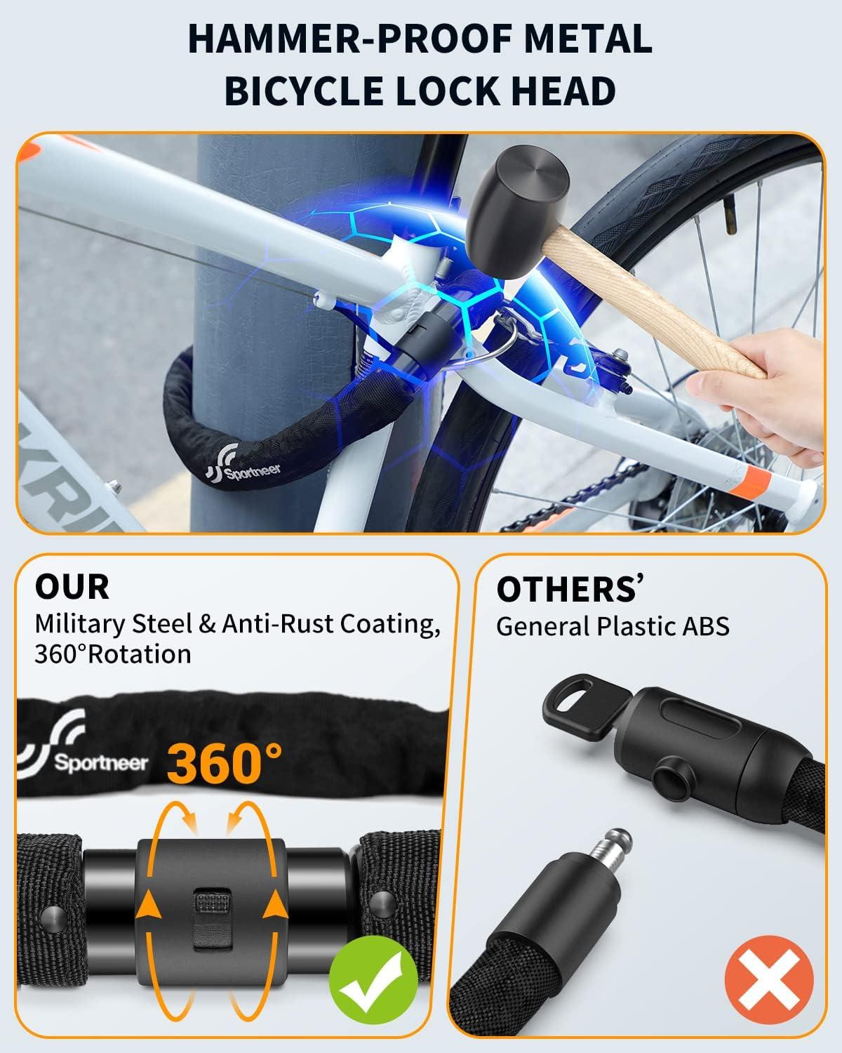 Bike Lock, Sportneer 8mm Thicker Bicycle Chain Lock Heavy Duty