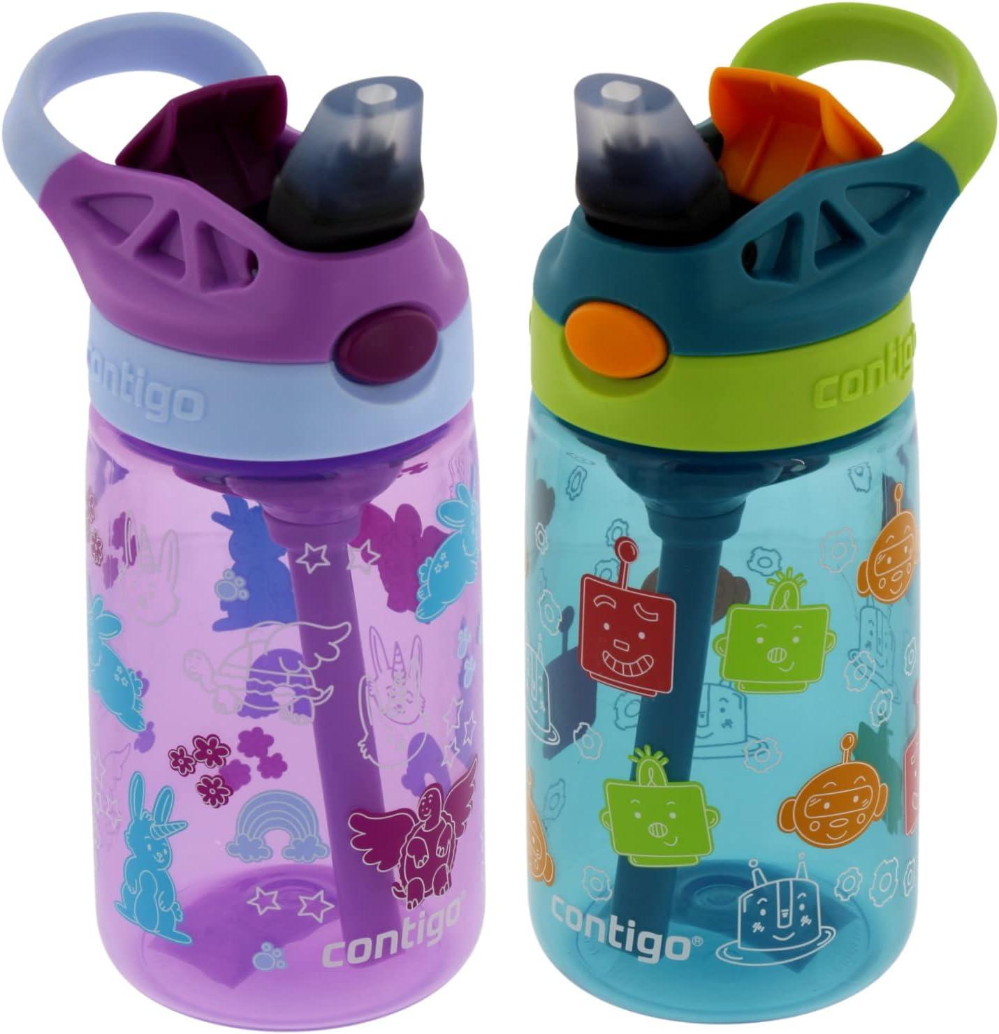 Contigo 14 oz Kids Plastic Water Bottle with Straw Lid 2 Pack - Purple  Bunnicorns and Blue Friendly Bots