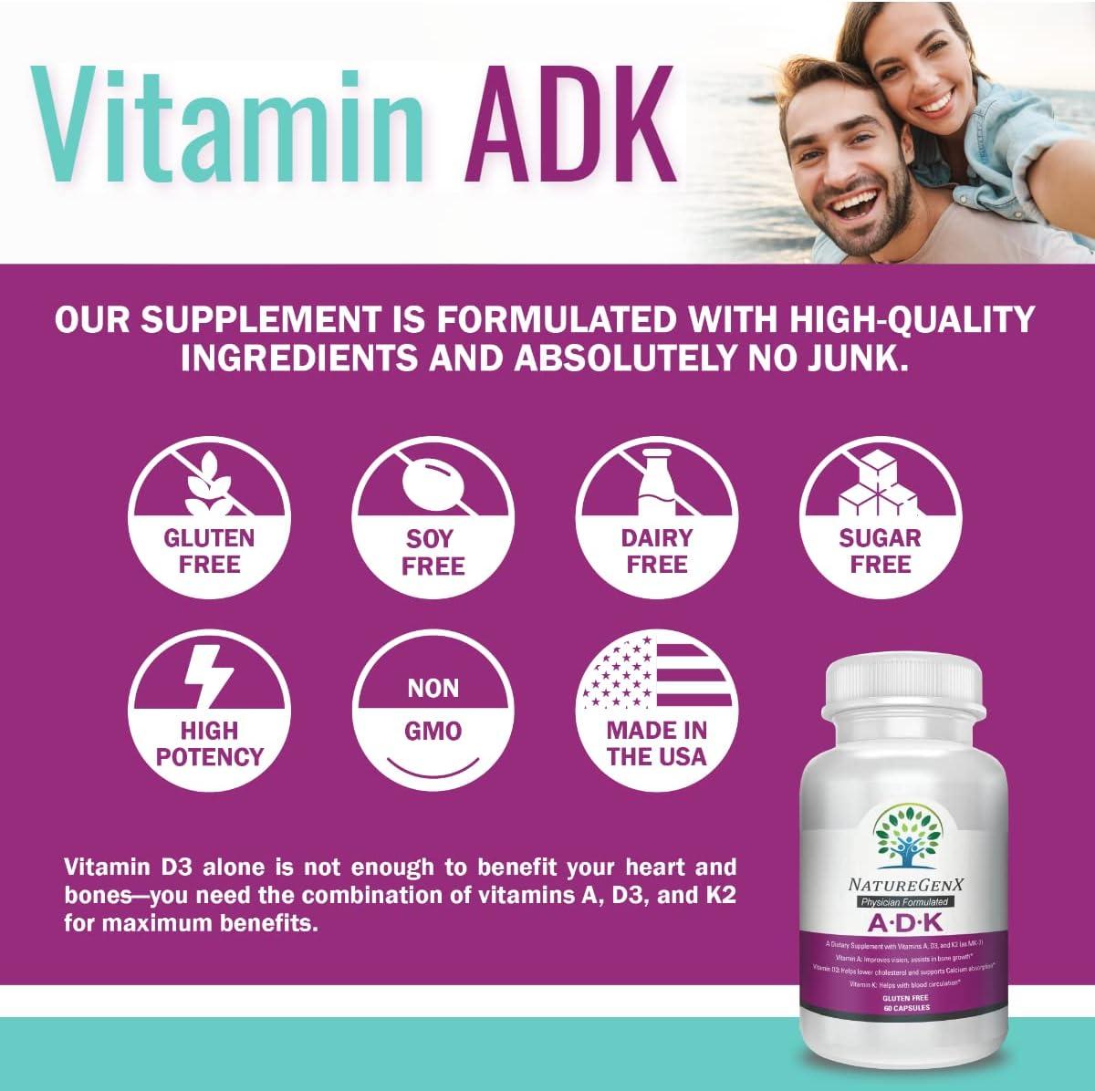 NatureGenX Vitamin ADK Vitamin A, D3 5000 IU, K2 MK7 Supplement for