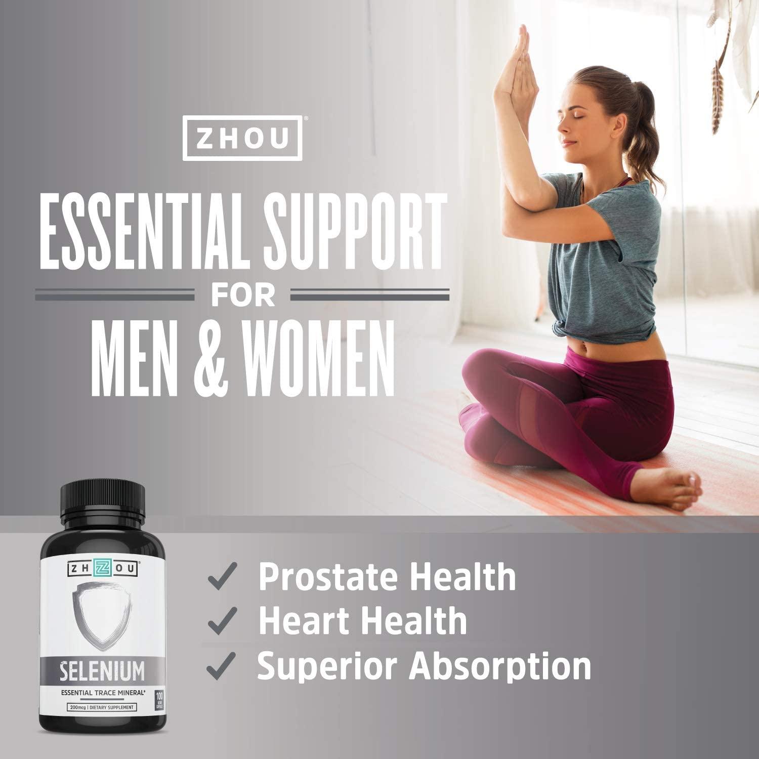 Zhou Selenium 200mcg for Thyroid Prostate and Heart Health Essential Trace Mineral with Superior