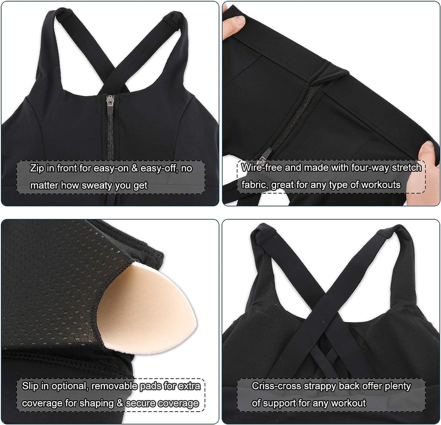 Cordaw Zipper in Front Sports Bra High Impact Strappy Back Support Workout  Top 1-zipper Black Medium