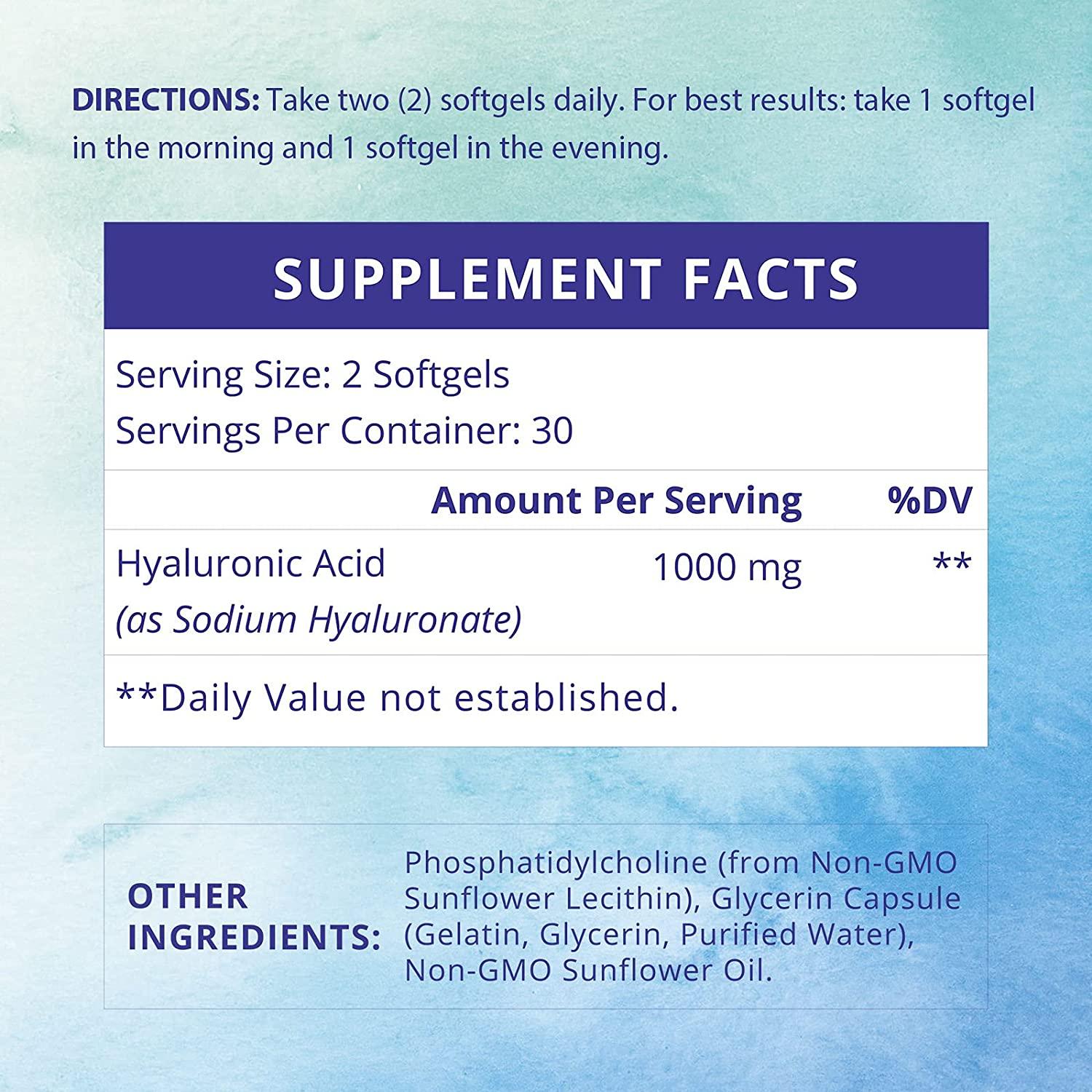 Hyaluronic Acid 1000mg Capsules for Skin & Joint Repair 60 Count