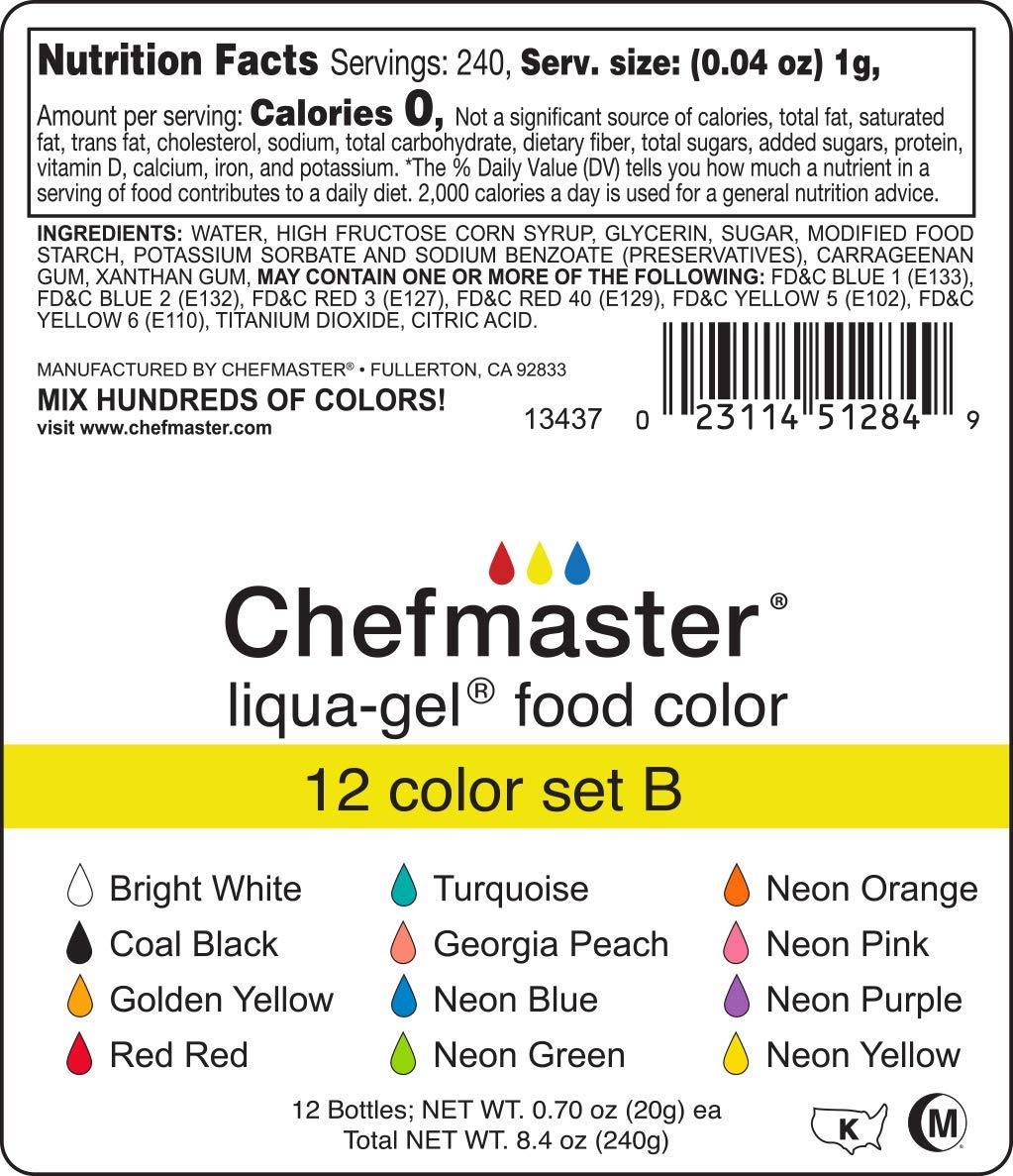 Chefmaster LiquaGel Food Coloring 12 Color Set B Vibrant Fade