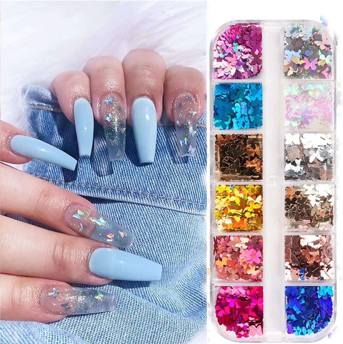 Nail Art Glitter Sequins, Holographic Nail Art Supplies Flakes, 12 Grids  Laser Silver Nail Decals Sparkle Paillette Confetti for Acrylic Nails